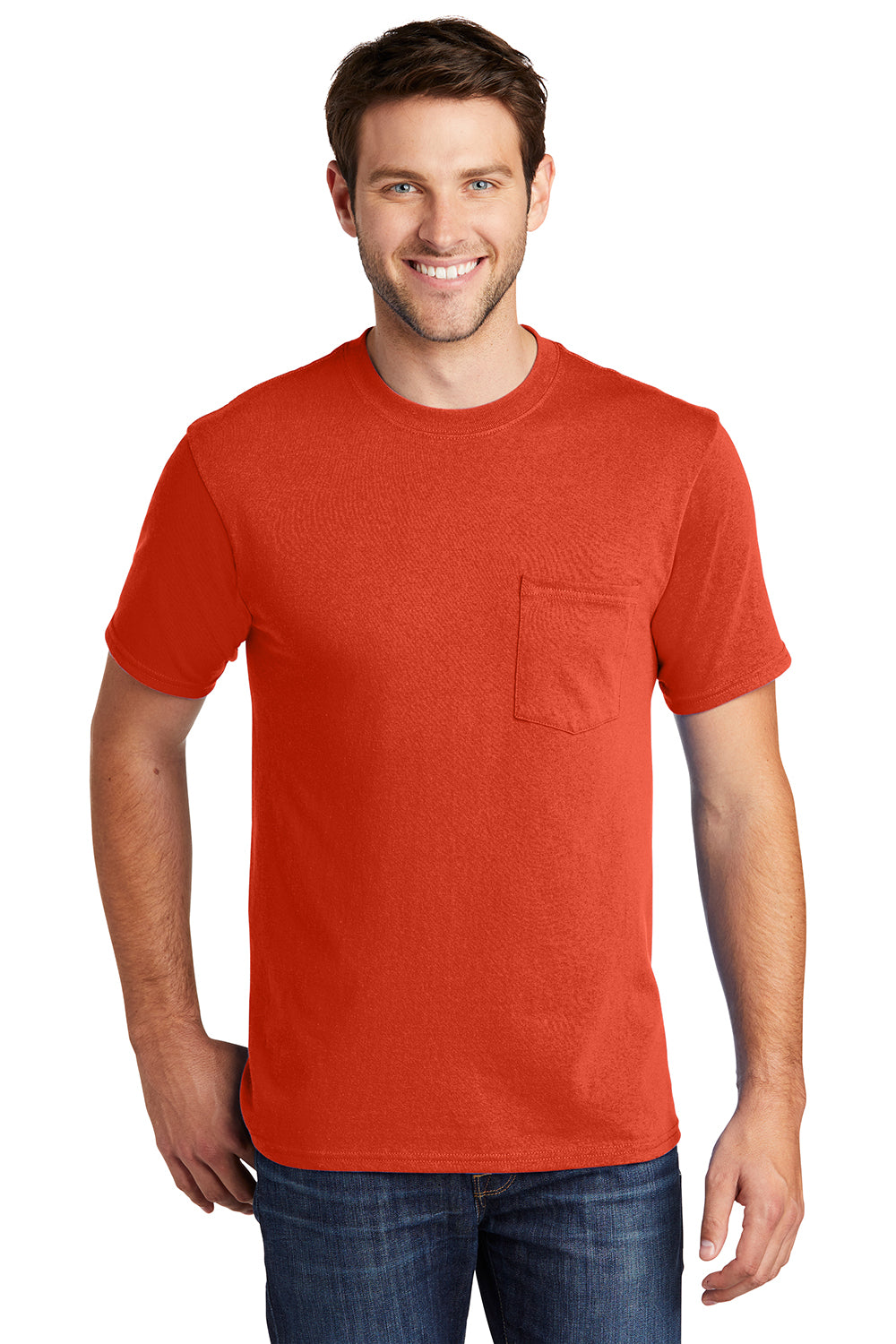 Port & Company PC54P Mens Core Short Sleeve Crewneck T-Shirt w/ Pocket Orange Model Front