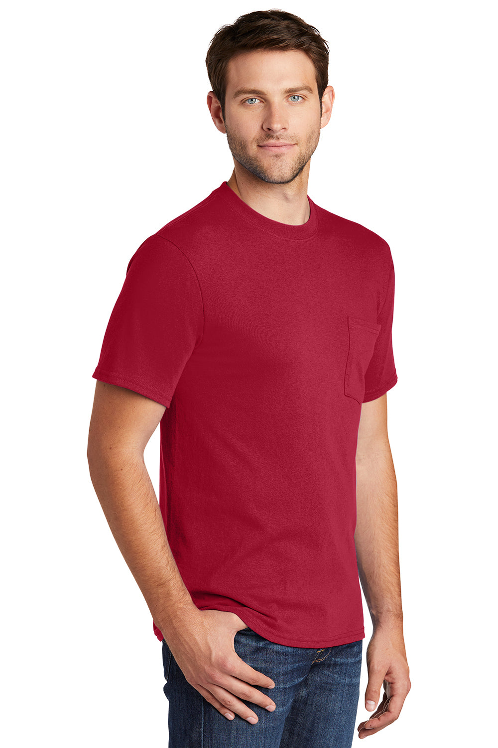 Port & Company PC54P Mens Core Short Sleeve Crewneck T-Shirt w/ Pocket Red Model 3q