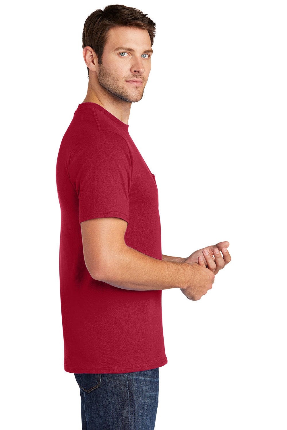 Port & Company PC54P Mens Core Short Sleeve Crewneck T-Shirt w/ Pocket Red Model Side