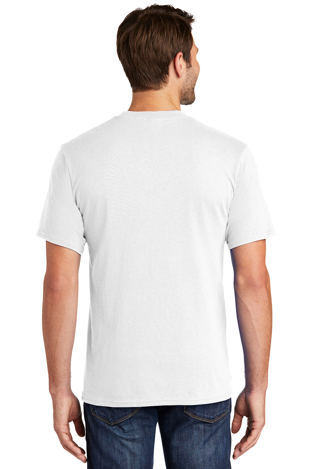 Port & Company PC54P Mens Core Short Sleeve Crewneck T-Shirt w/ Pocket White Model Back