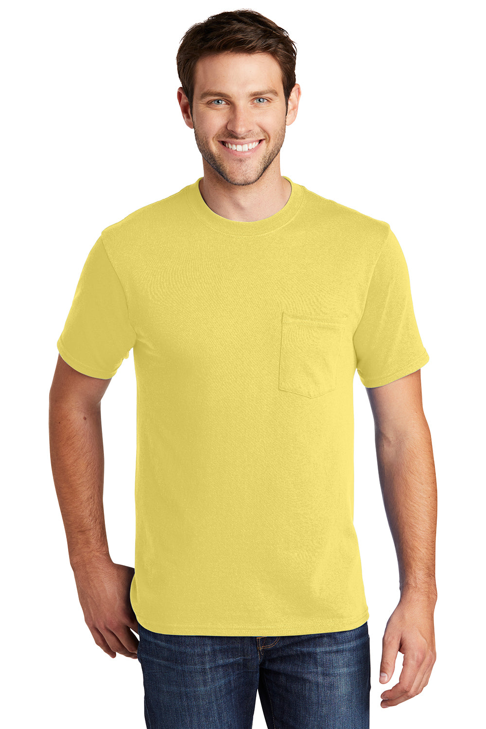 Port & Company PC54P Mens Core Short Sleeve Crewneck T-Shirt w/ Pocket Yellow Model Front