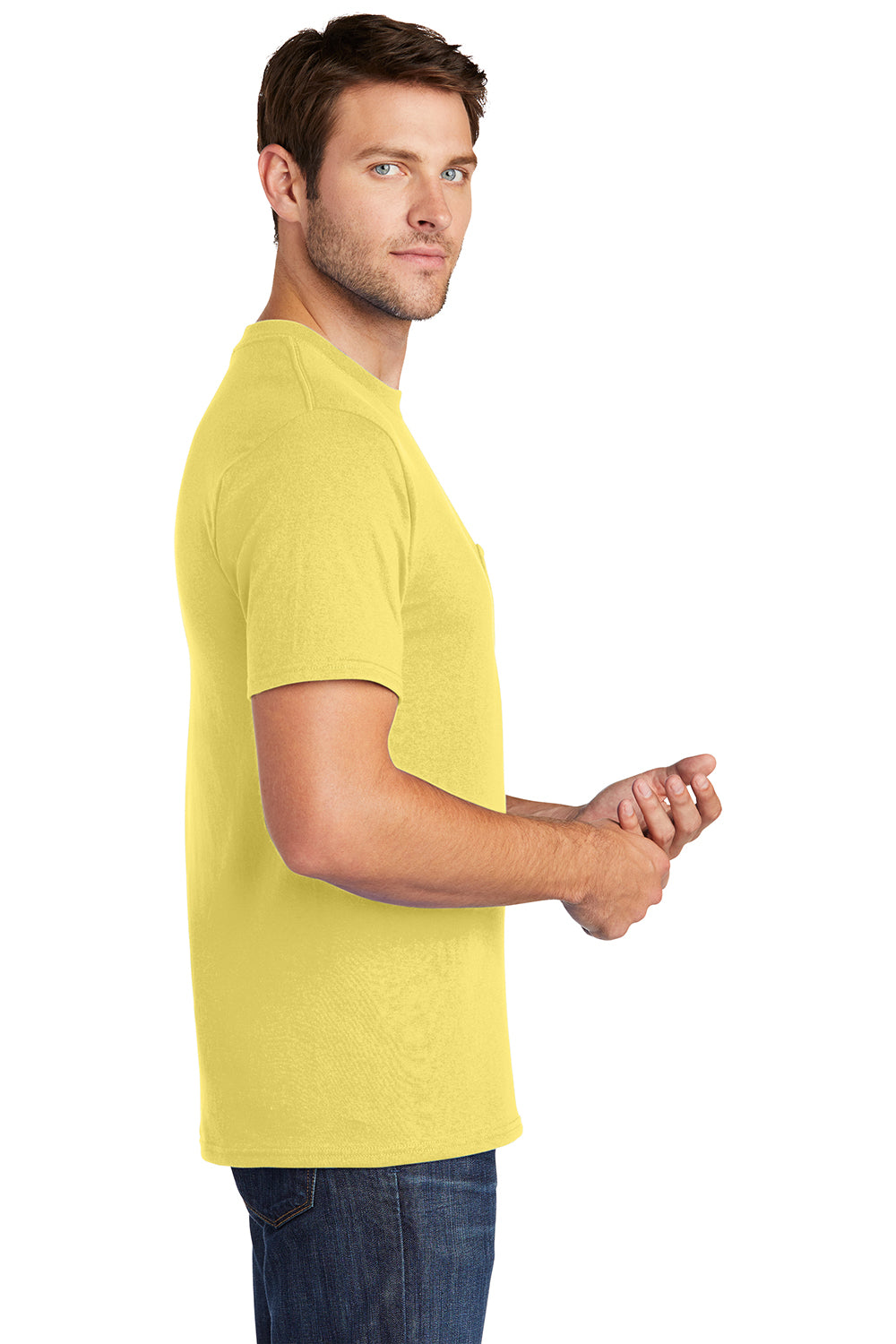 Port & Company PC54P Mens Core Short Sleeve Crewneck T-Shirt w/ Pocket Yellow Model Side