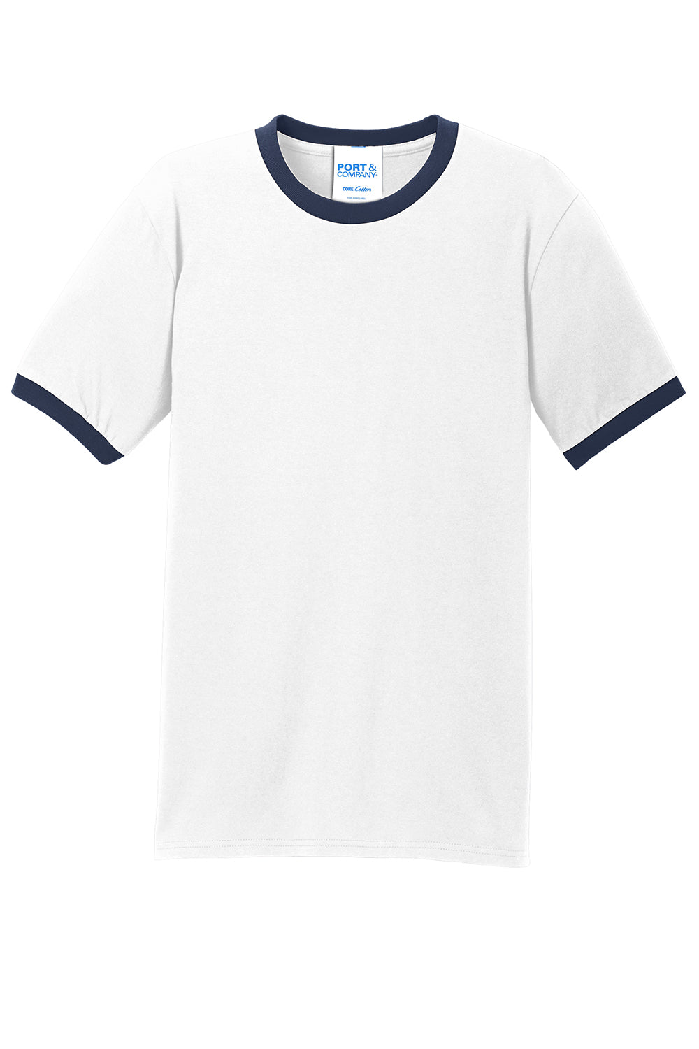 Port & Company PC54R Mens Core Ringer Short Sleeve Crewneck T-Shirt White/Navy Blue Flat Front