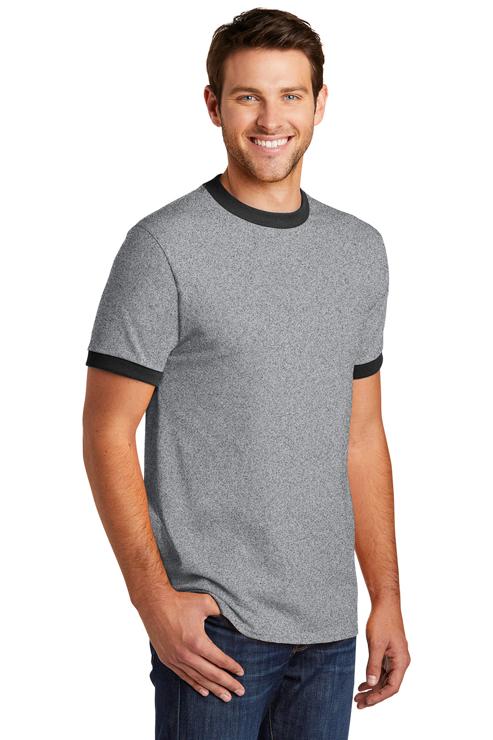 Port & Company PC54R Mens Core Ringer Short Sleeve Crewneck T-Shirt Heather Grey/Jet Black Model 3q