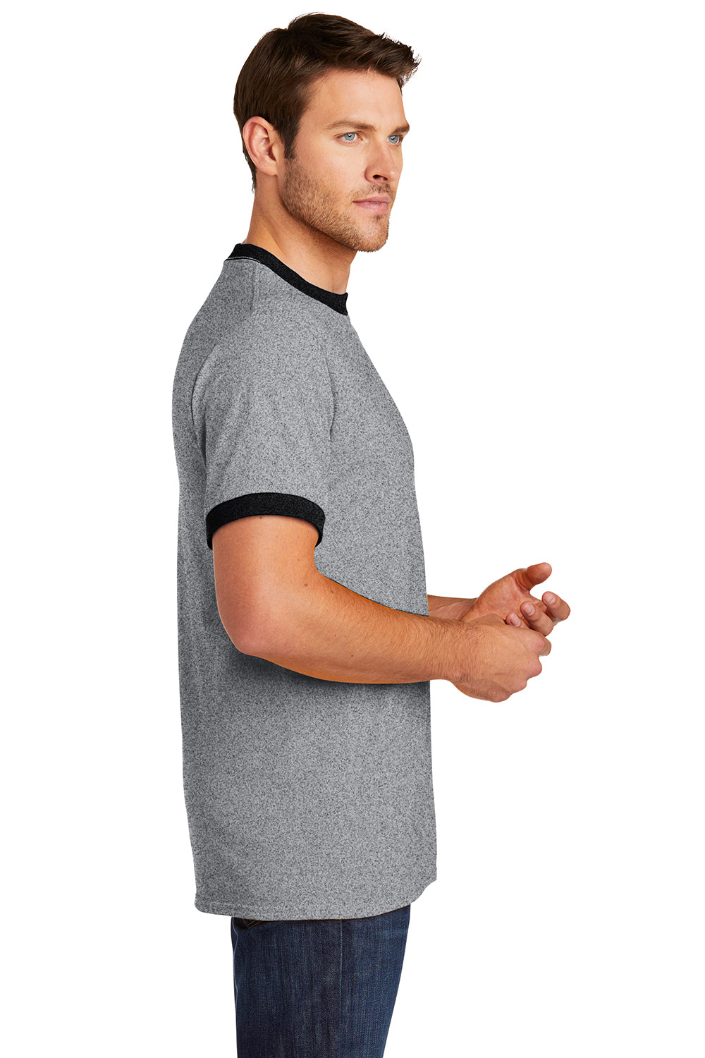 Port & Company PC54R Mens Core Ringer Short Sleeve Crewneck T-Shirt Heather Grey/Jet Black Model Side