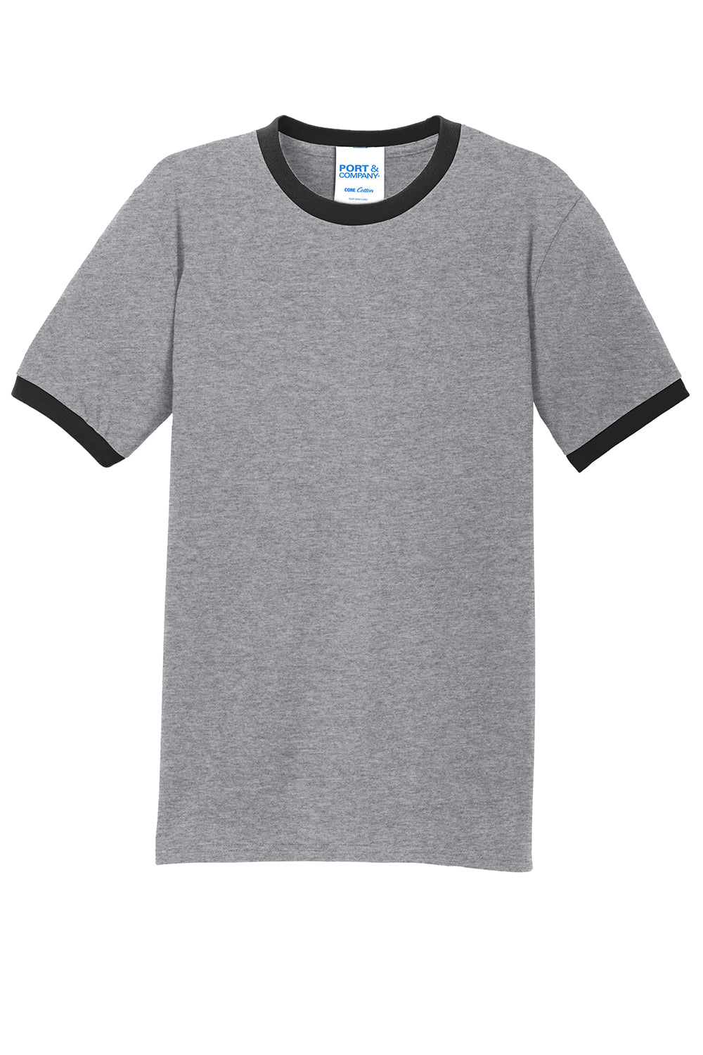 Port & Company PC54R Mens Core Ringer Short Sleeve Crewneck T-Shirt Heather Grey/Jet Black Flat Front