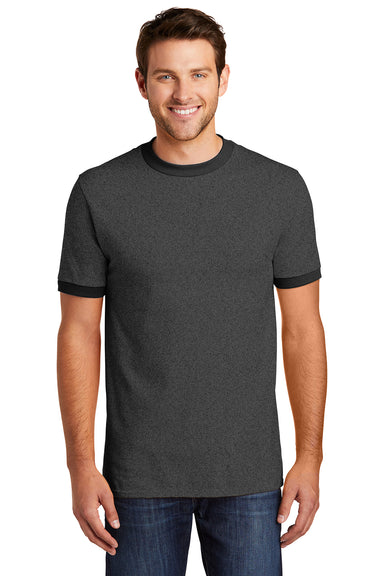 Port & Company PC54R Mens Core Ringer Short Sleeve Crewneck T-Shirt Heather Dark Grey/Jet Black Model Front