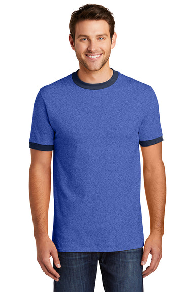 Port & Company PC54R Mens Core Ringer Short Sleeve Crewneck T-Shirt Heather Royal Blue/Navy Blue Model Front