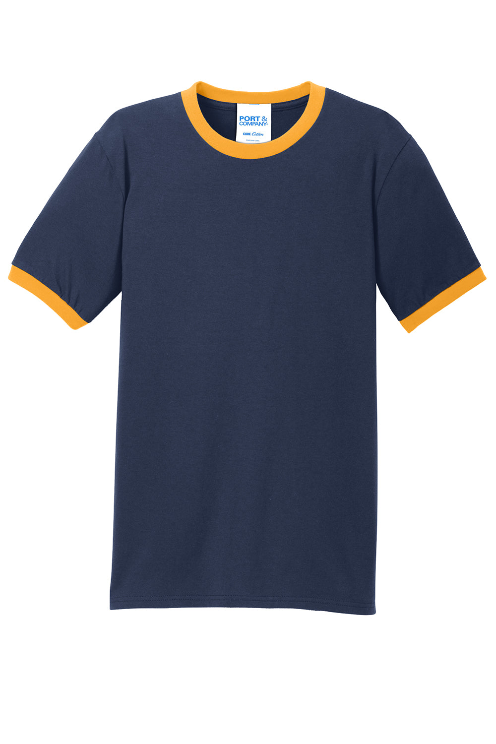 Port & Company PC54R Mens Core Ringer Short Sleeve Crewneck T-Shirt Navy Blue/Gold Flat Front