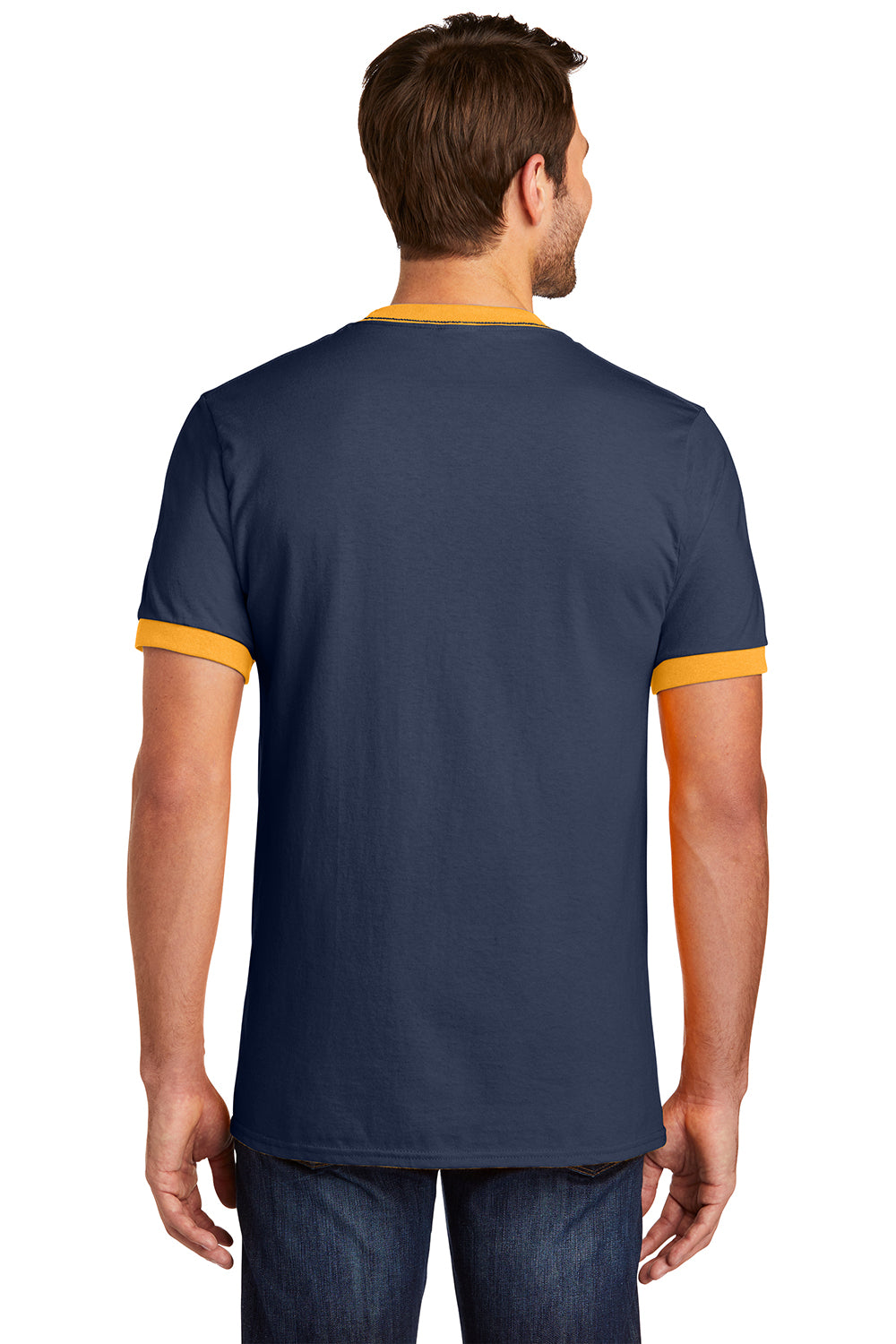 Port & Company PC54R Mens Core Ringer Short Sleeve Crewneck T-Shirt Navy Blue/Gold Model Back