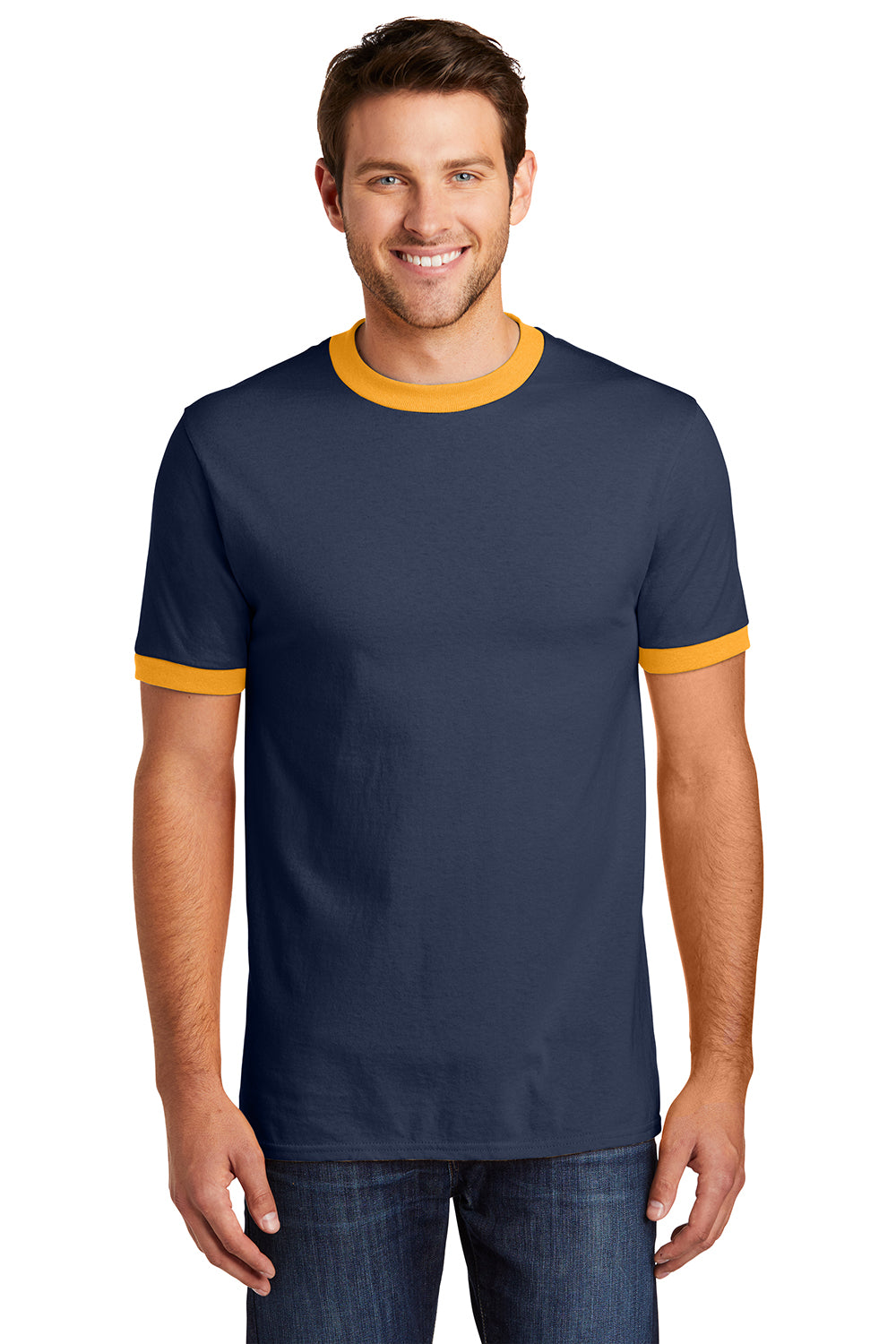 Port & Company PC54R Mens Core Ringer Short Sleeve Crewneck T-Shirt Navy Blue/Gold Model Front