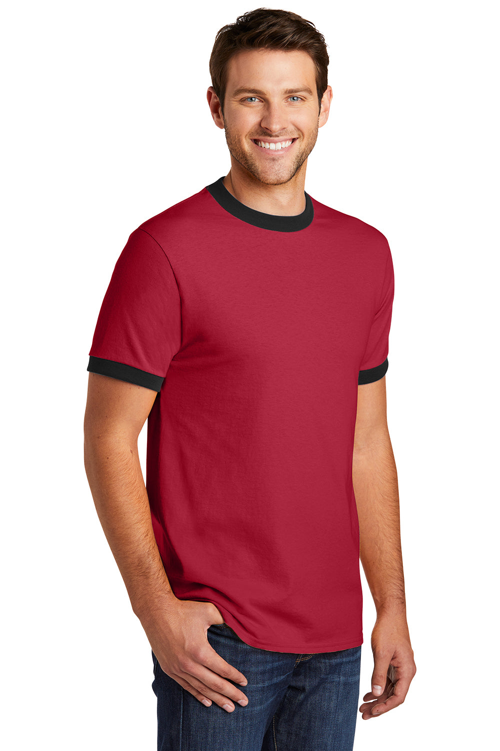 Port & Company PC54R Mens Core Ringer Short Sleeve Crewneck T-Shirt Red/Jet Black Model 3q