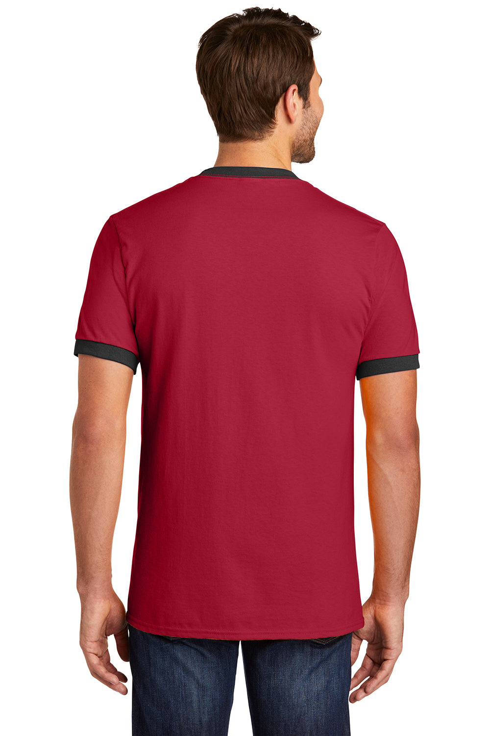 Port & Company PC54R Mens Core Ringer Short Sleeve Crewneck T-Shirt Red/Jet Black Model Back