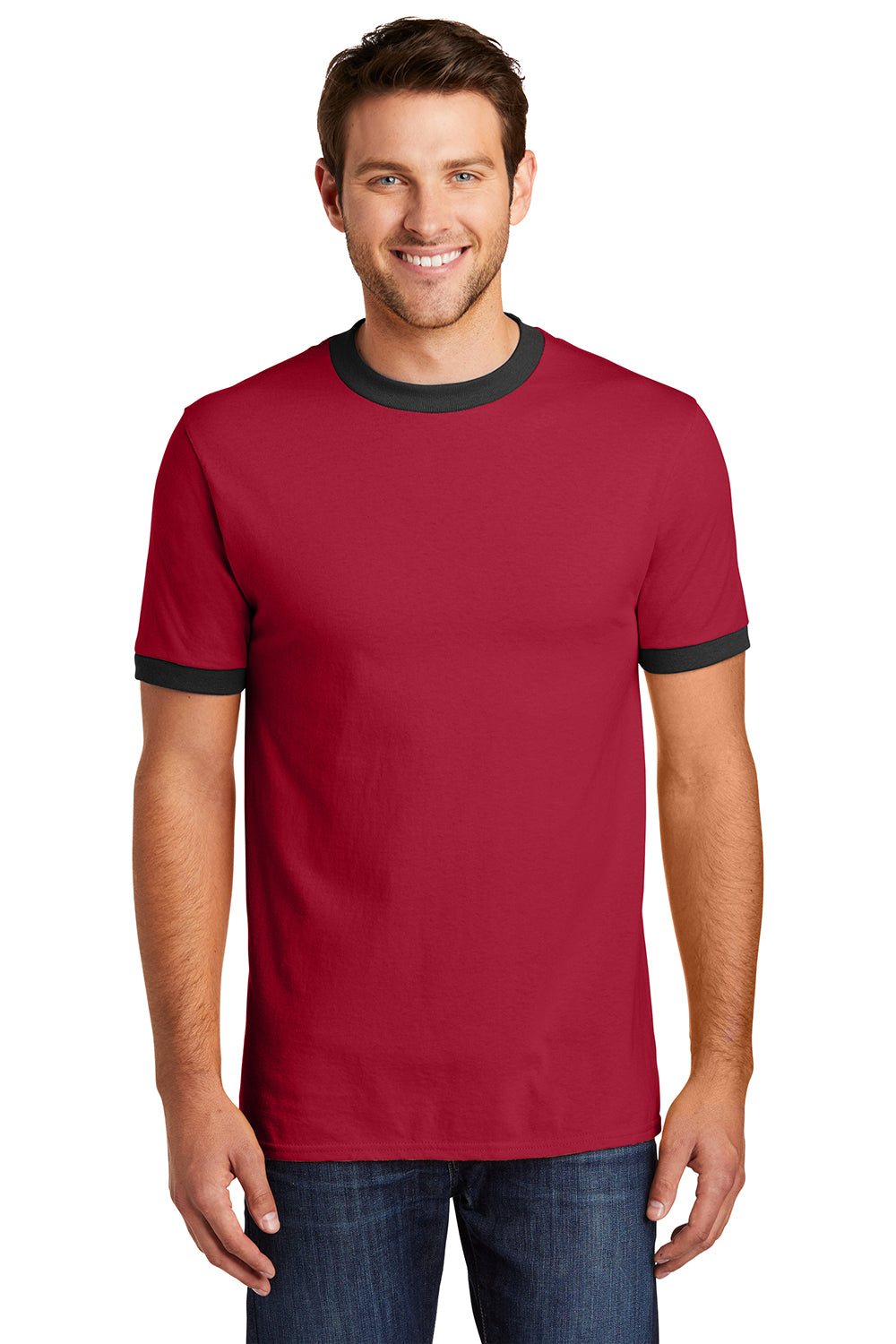 Port & Company PC54R Mens Core Ringer Short Sleeve Crewneck T-Shirt Red/Jet Black Model Front