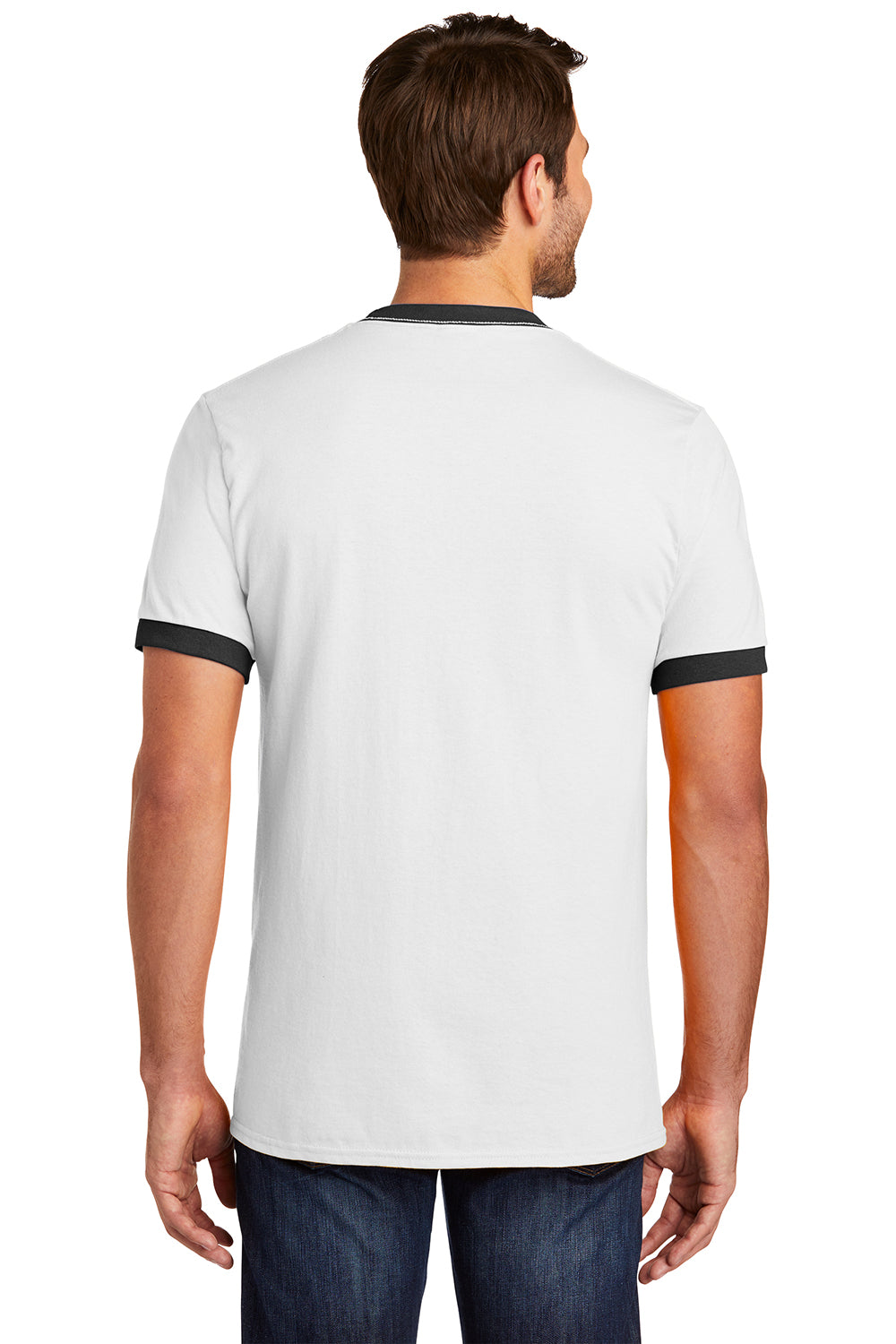 Port & Company PC54R Mens Core Ringer Short Sleeve Crewneck T-Shirt White/Jet Black Model Back