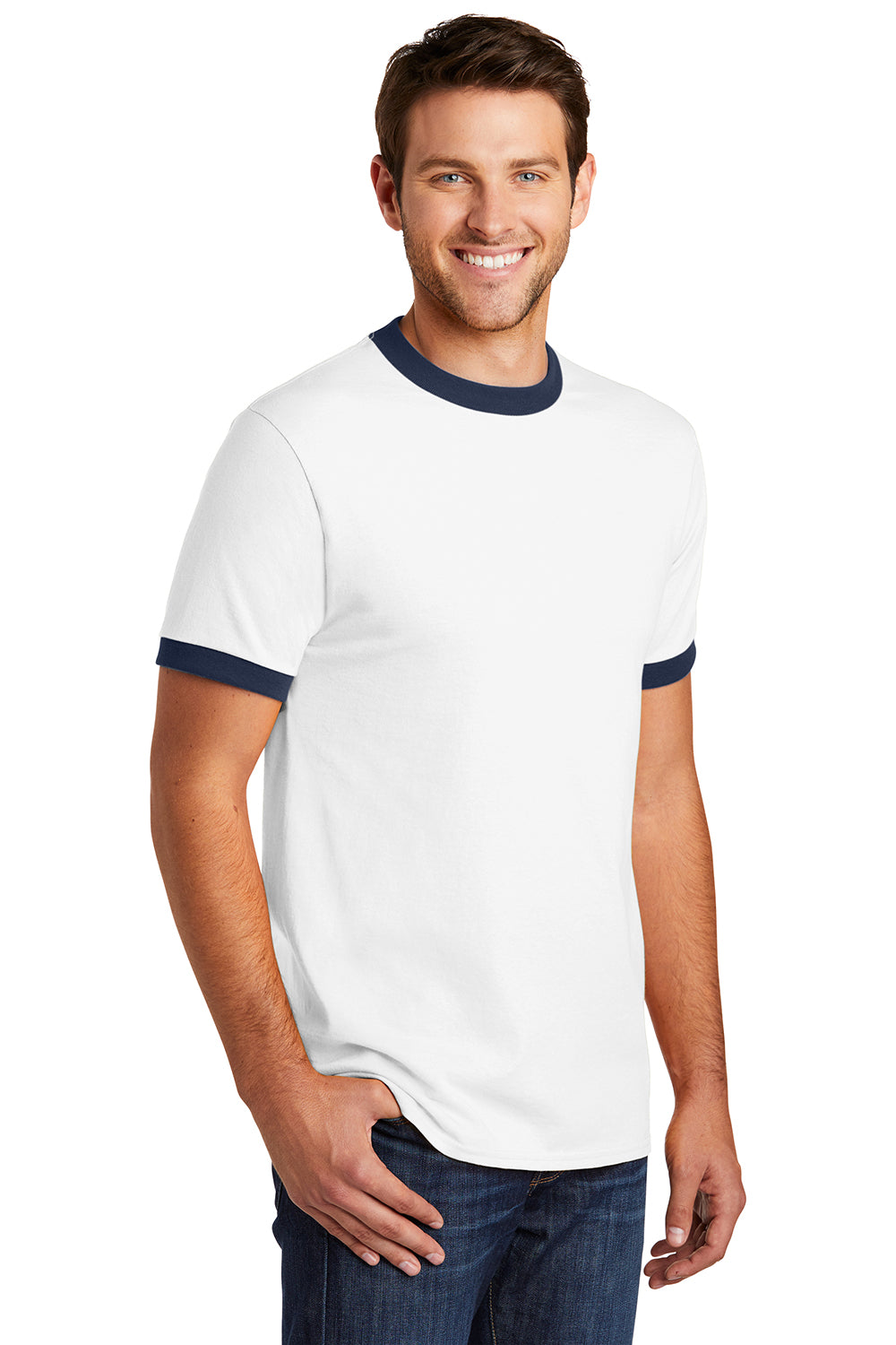 Port & Company PC54R Mens Core Ringer Short Sleeve Crewneck T-Shirt White/Navy Blue Model 3q