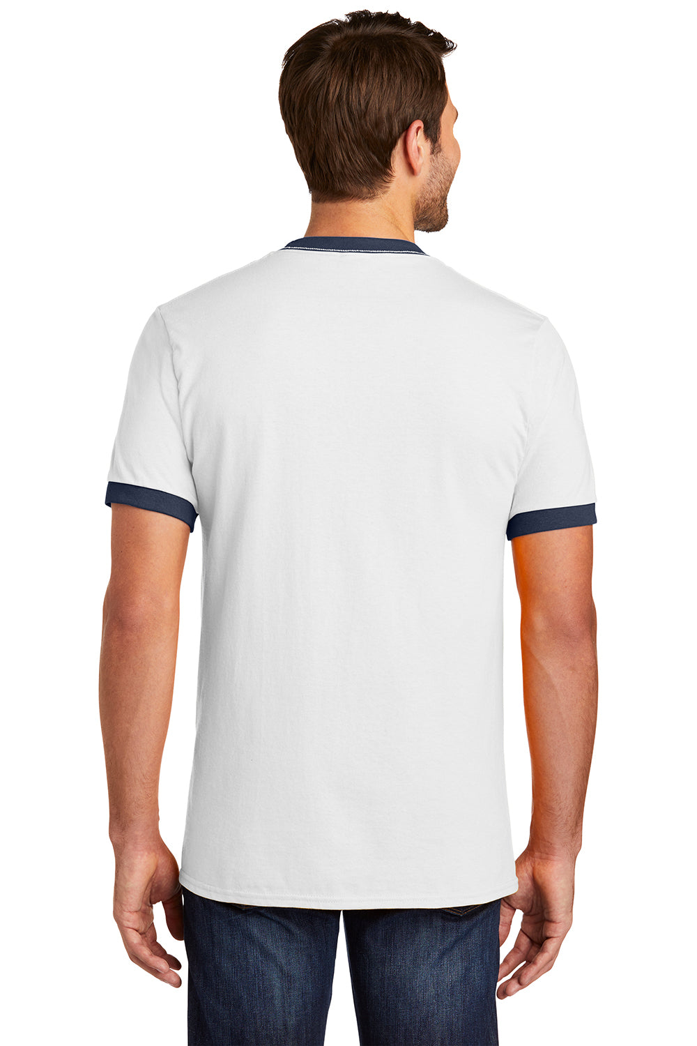 Port & Company PC54R Mens Core Ringer Short Sleeve Crewneck T-Shirt White/Navy Blue Model Back