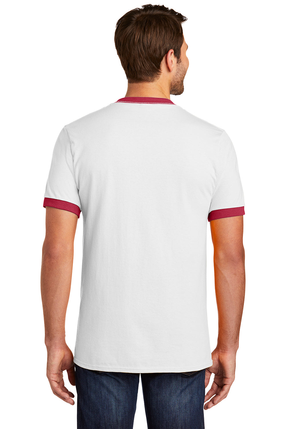 Port & Company PC54R Mens Core Ringer Short Sleeve Crewneck T-Shirt White/Red Model Back