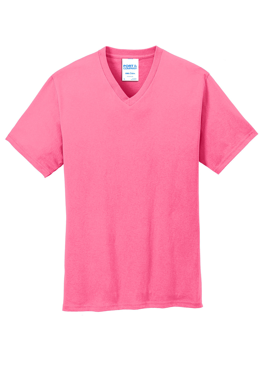 Port & Company PC54V Mens Core Short Sleeve V-Neck T-Shirt Neon Pink Flat Front