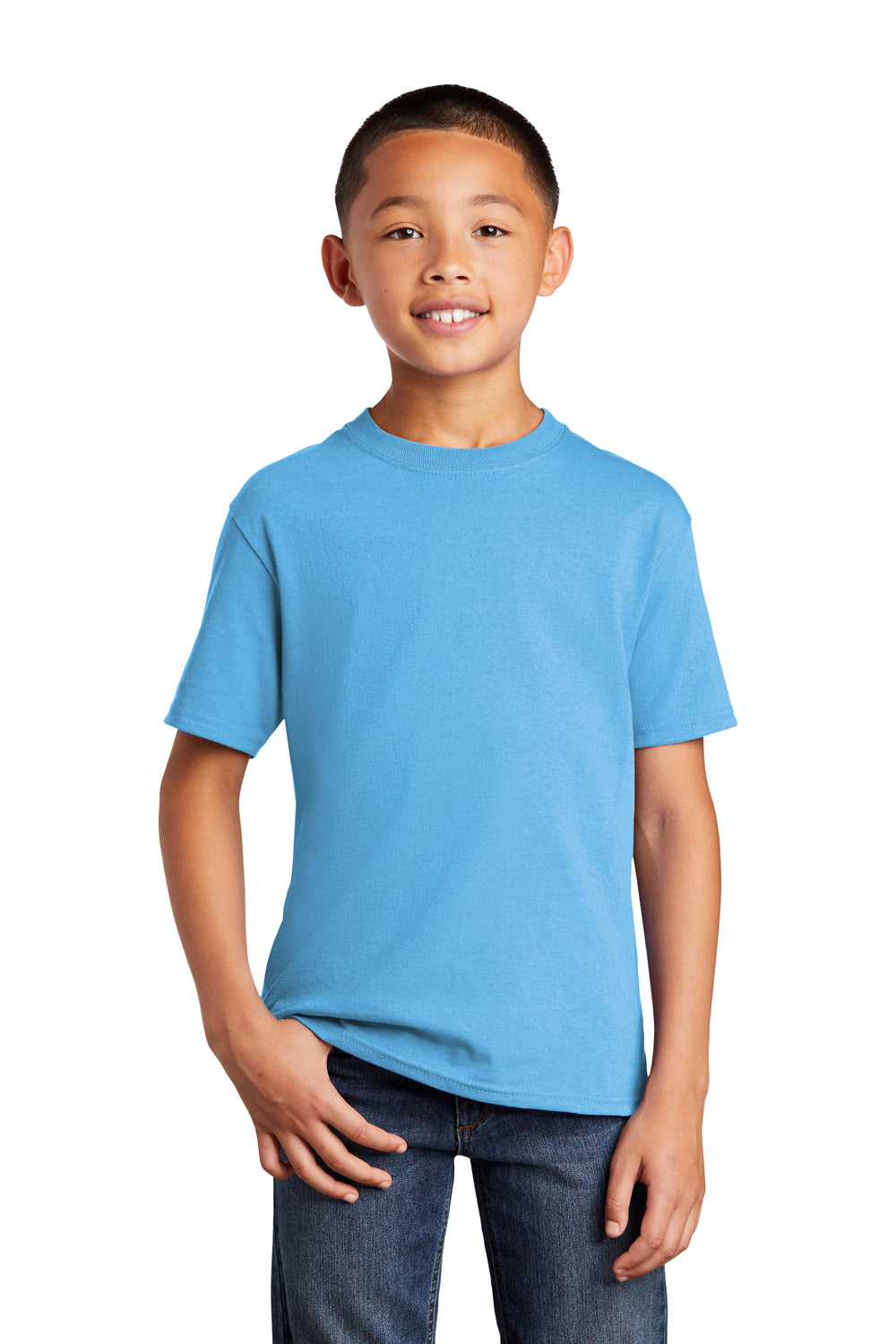 Port & Company PC54YDTG Youth Core Cotton DTG Short Sleeve Crewneck T-Shirt Aquatic Blue Model Front