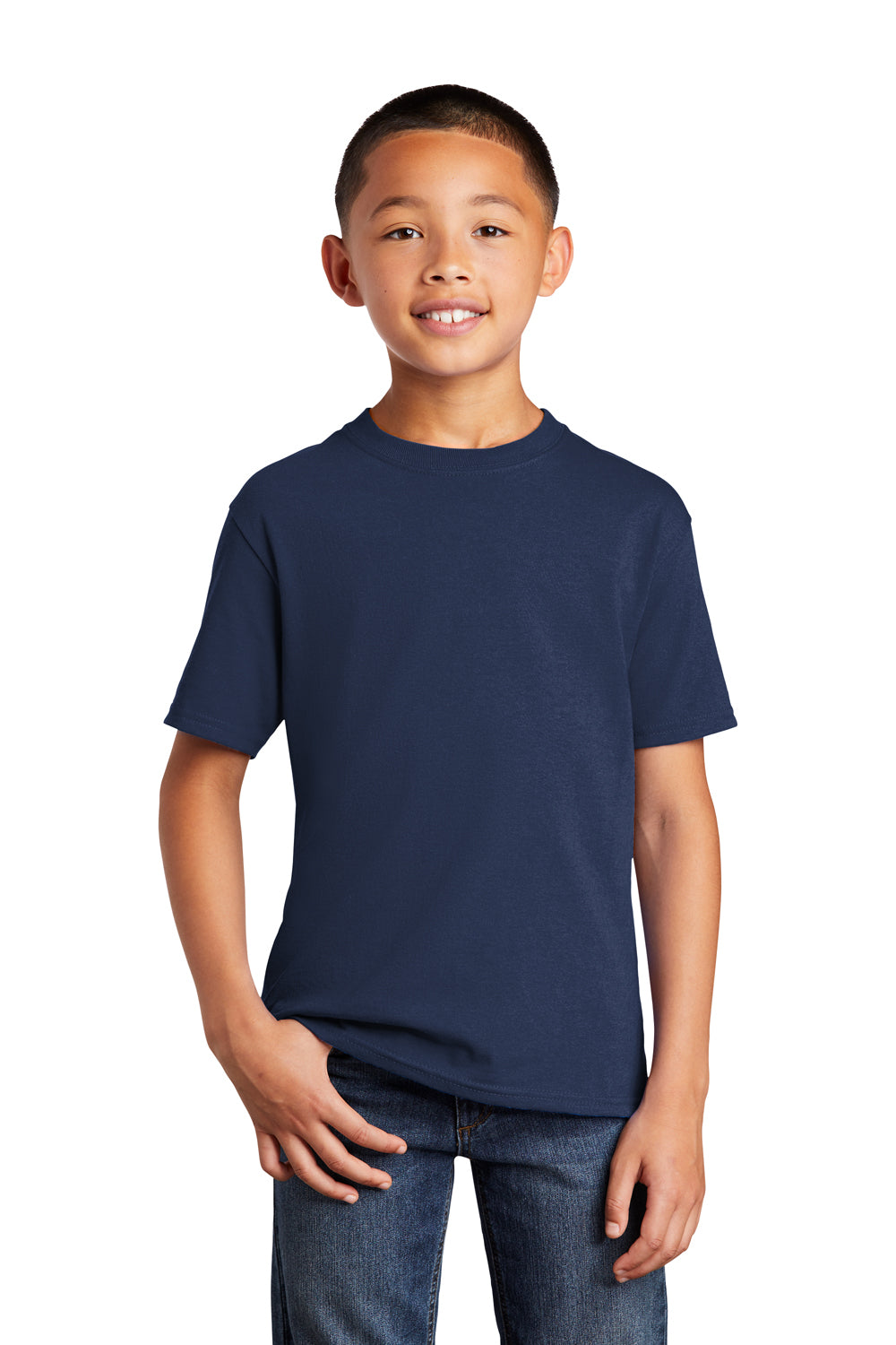 Port & Company PC54YDTG Youth Core Cotton DTG Short Sleeve Crewneck T-Shirt Navy Blue Model Front