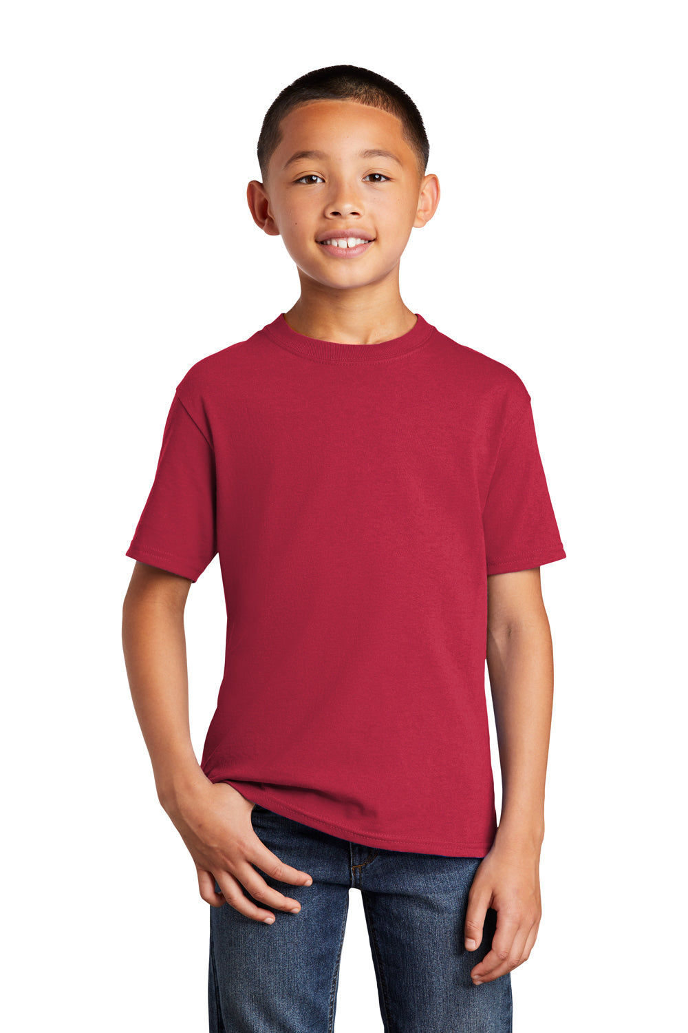 Port & Company PC54YDTG Youth Core Cotton DTG Short Sleeve Crewneck T-Shirt Red Model Front