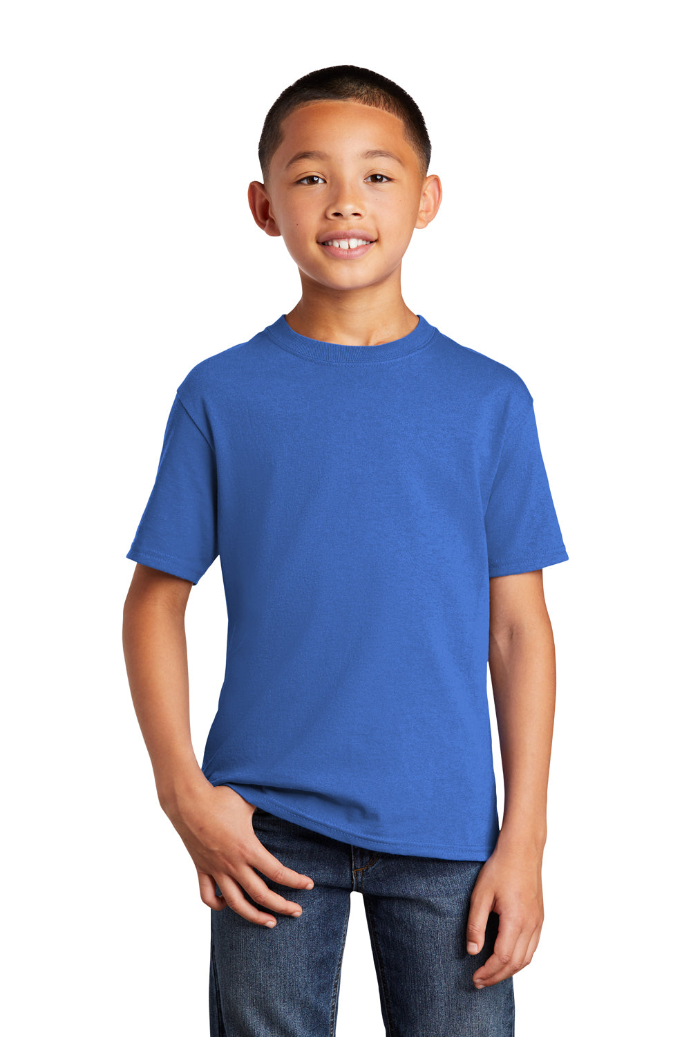 Port & Company PC54YDTG Youth Core Cotton DTG Short Sleeve Crewneck T-Shirt Royal Blue Model Front