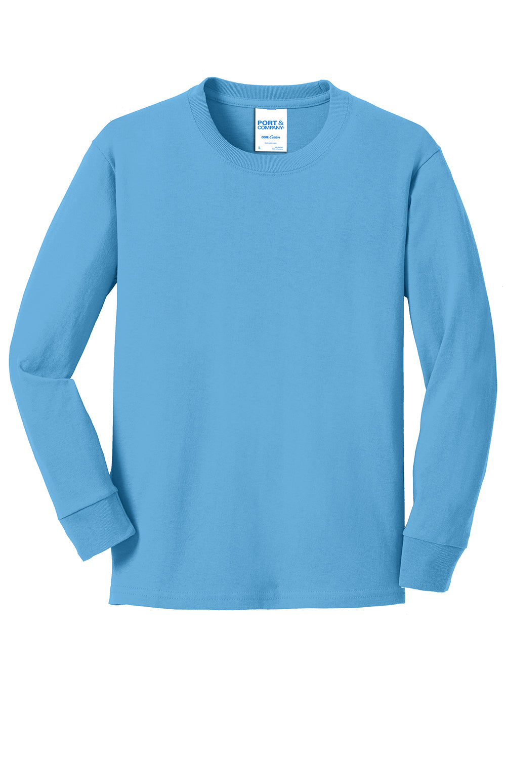 Port & Company PC54YLS Youth Core Long Sleeve Crewneck T-Shirt Aquatic Blue Flat Front