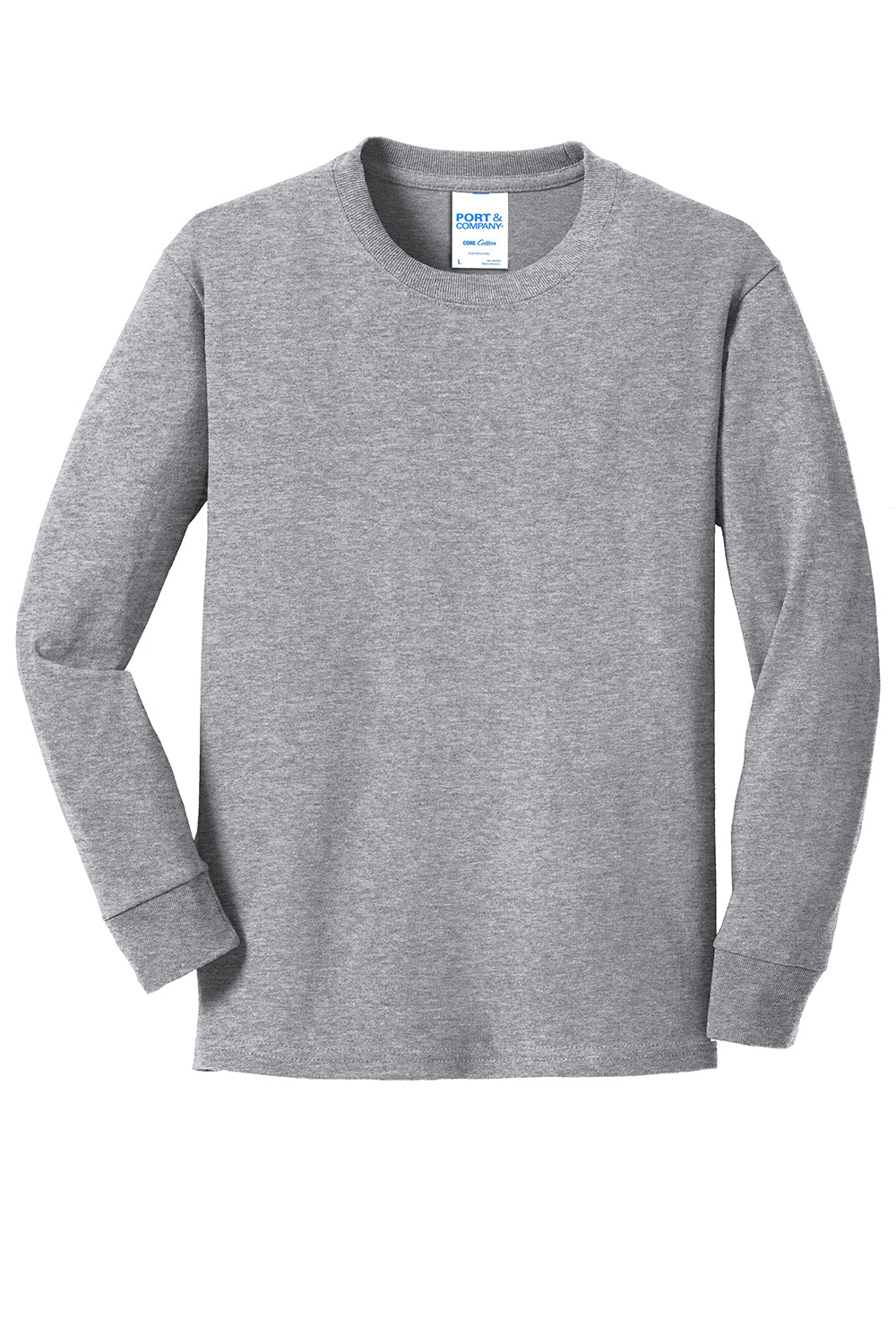 Port & Company PC54YLS Youth Core Long Sleeve Crewneck T-Shirt Heather Grey Flat Front