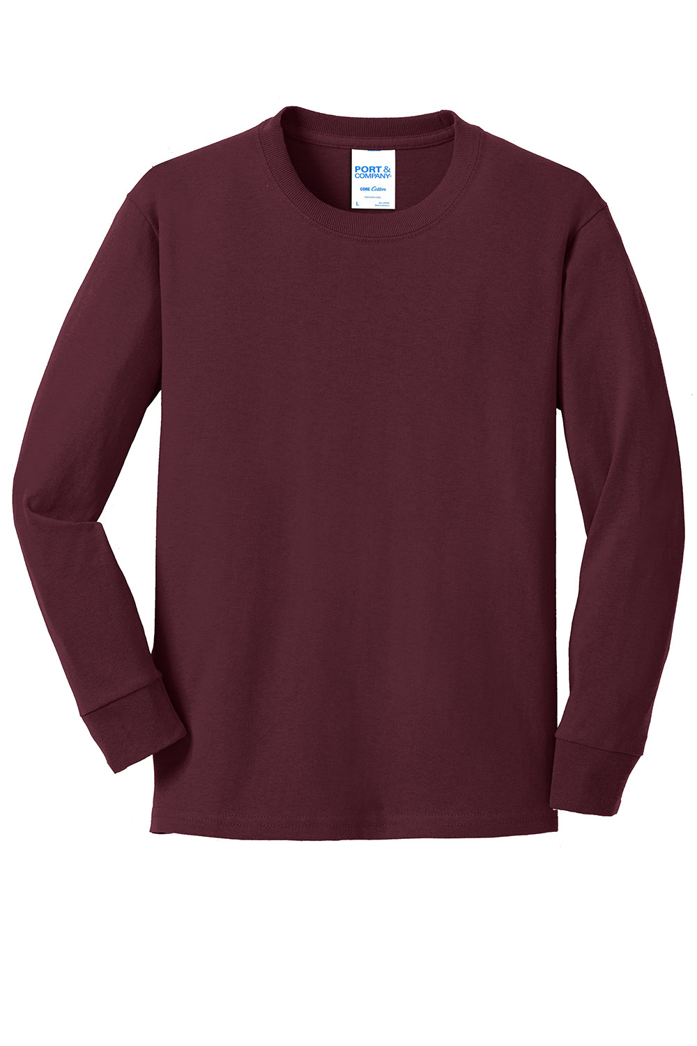 Port & Company PC54YLS Youth Core Long Sleeve Crewneck T-Shirt Athletic Maroon Flat Front