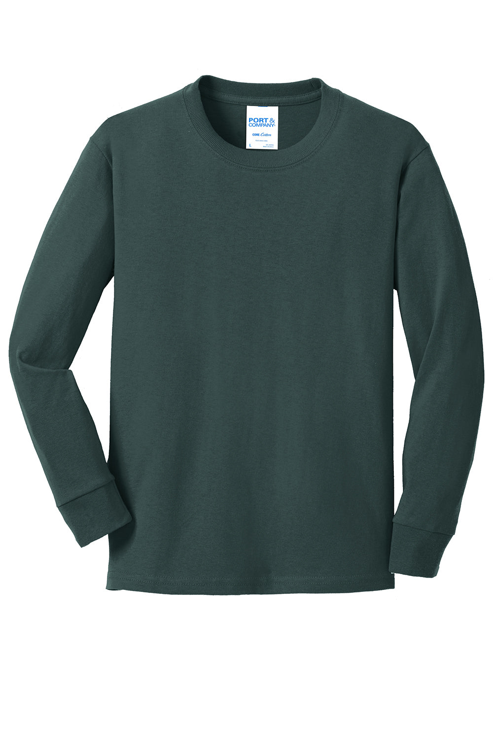 Port & Company PC54YLS Youth Core Long Sleeve Crewneck T-Shirt Dark Green Flat Front