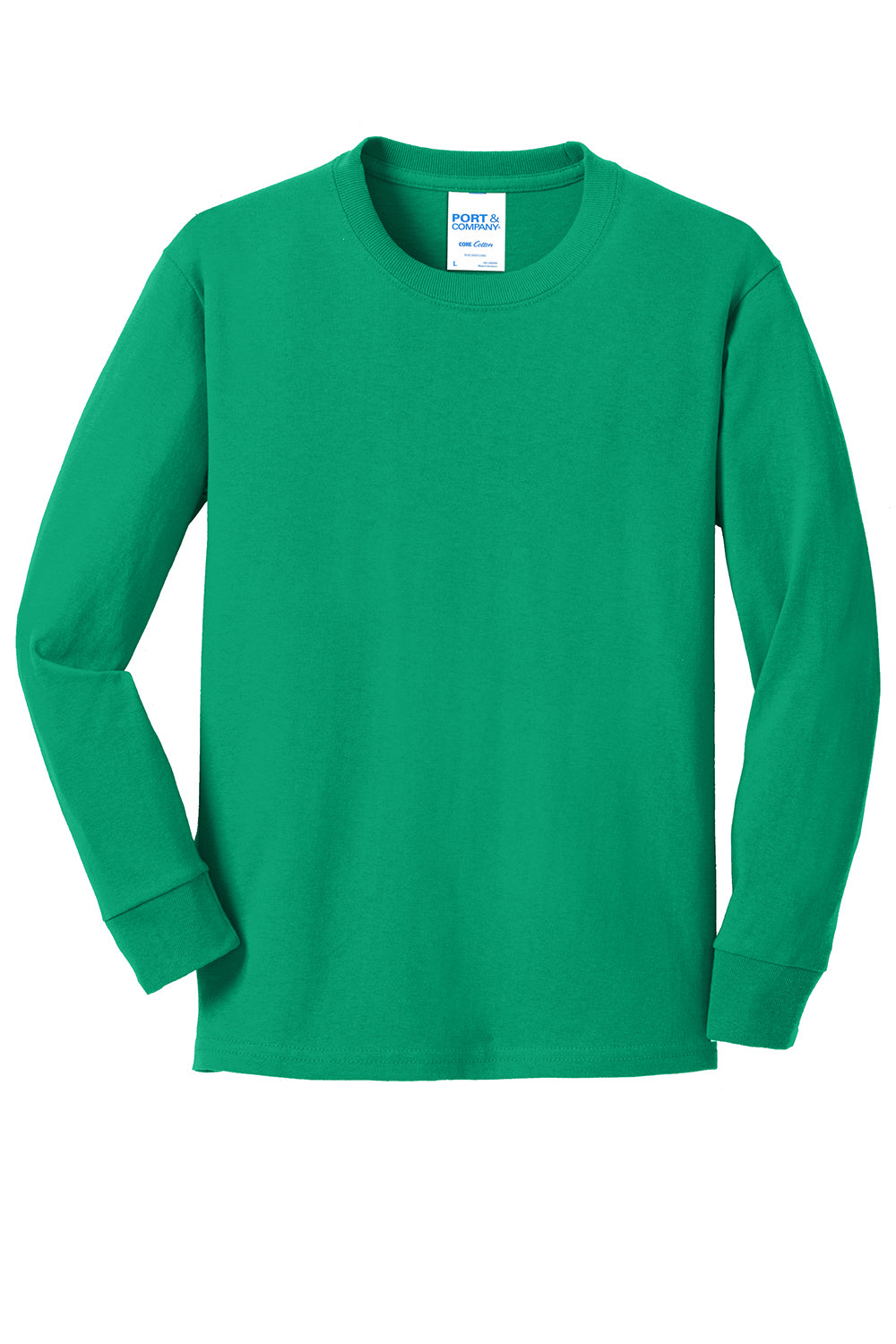 Port & Company PC54YLS Youth Core Long Sleeve Crewneck T-Shirt Kelly Green Flat Front