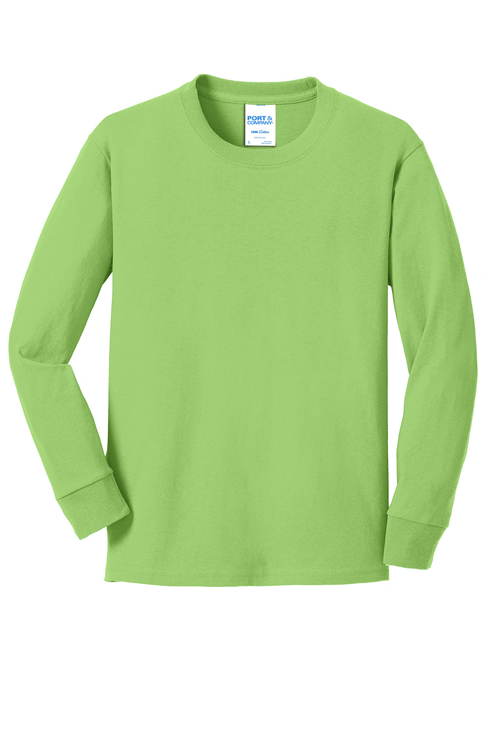 Port & Company PC54YLS Youth Core Long Sleeve Crewneck T-Shirt Lime Green Flat Front