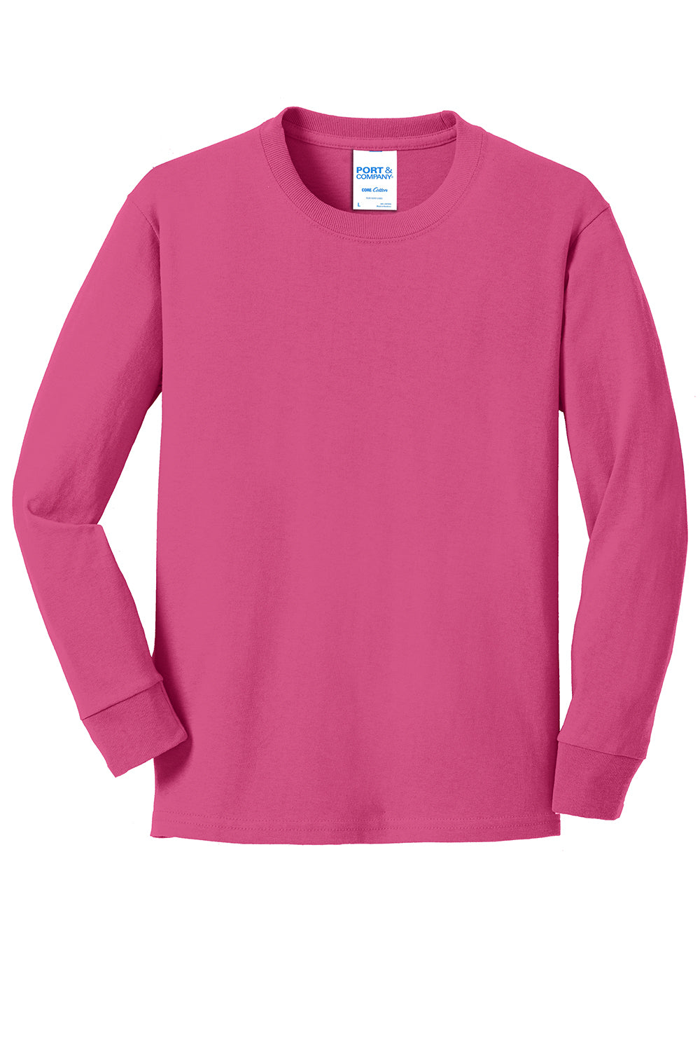 Port & Company PC54YLS Youth Core Long Sleeve Crewneck T-Shirt Sangria Pink Flat Front