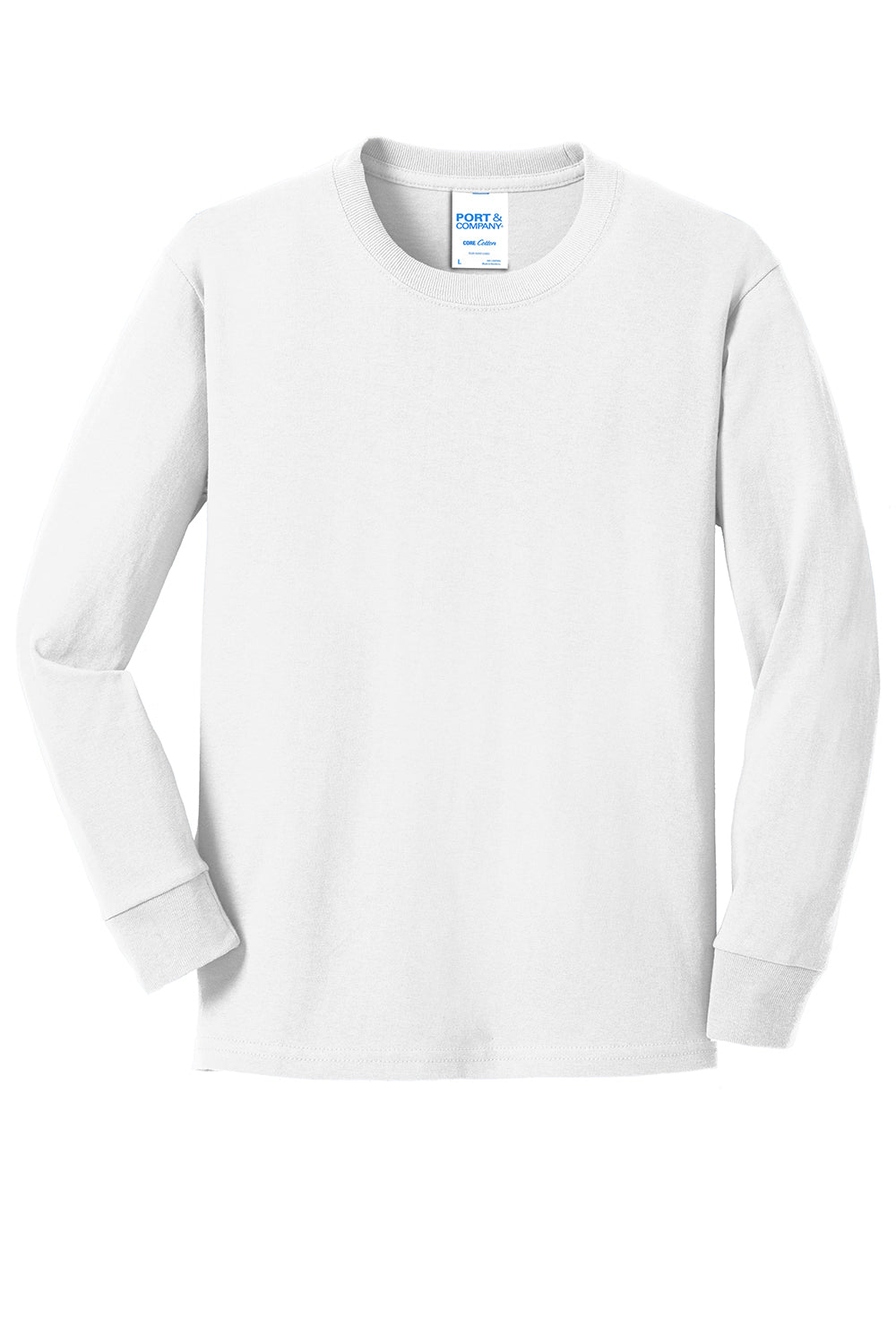 Port & Company PC54YLS Youth Core Long Sleeve Crewneck T-Shirt White Flat Front