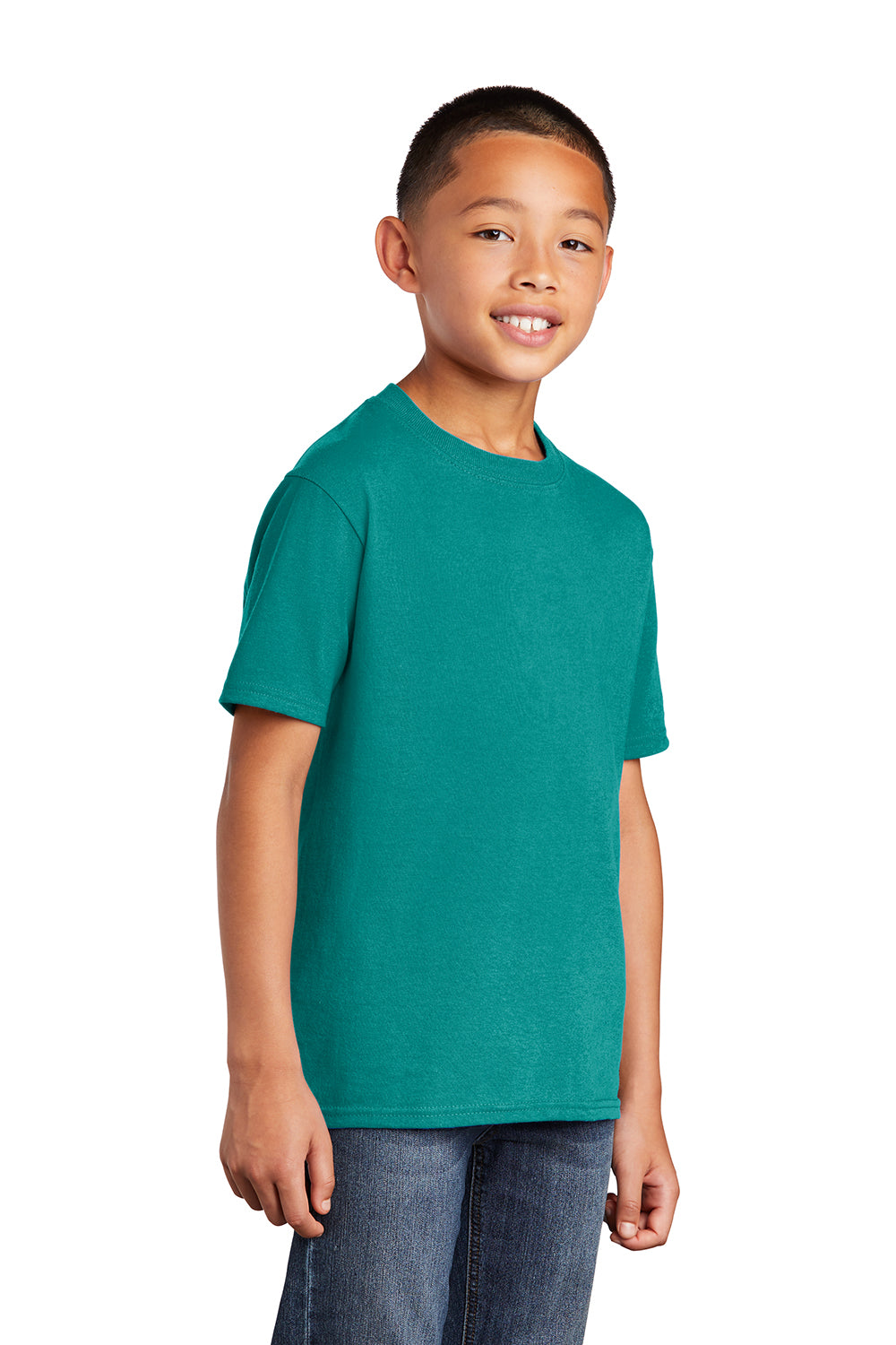 Port & Company PC54Y Youth Core Short Sleeve Crewneck T-Shirt Bright Aqua Blue Model 3q