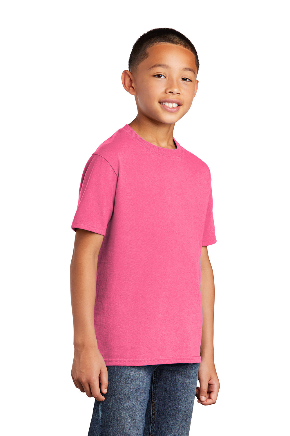 Port & Company PC54Y Youth Core Short Sleeve Crewneck T-Shirt Neon Pink Model 3q