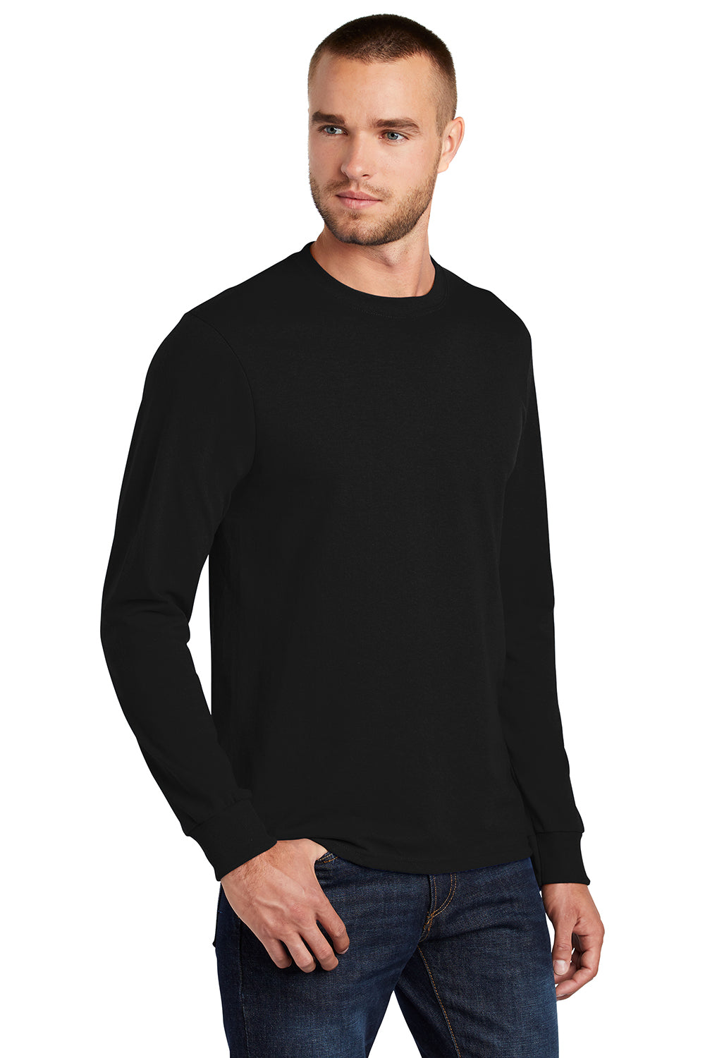 Port & Company PC55LS/PC55LST Mens Core Long Sleeve Crewneck T-Shirt Jet Black Model 3q