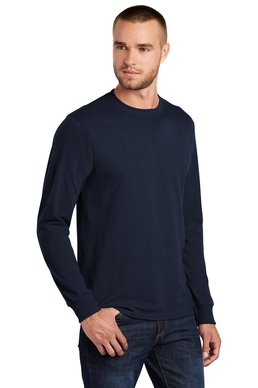 Port & Company PC55LS/PC55LST Mens Core Long Sleeve Crewneck T-Shirt Navy Blue Model 3q