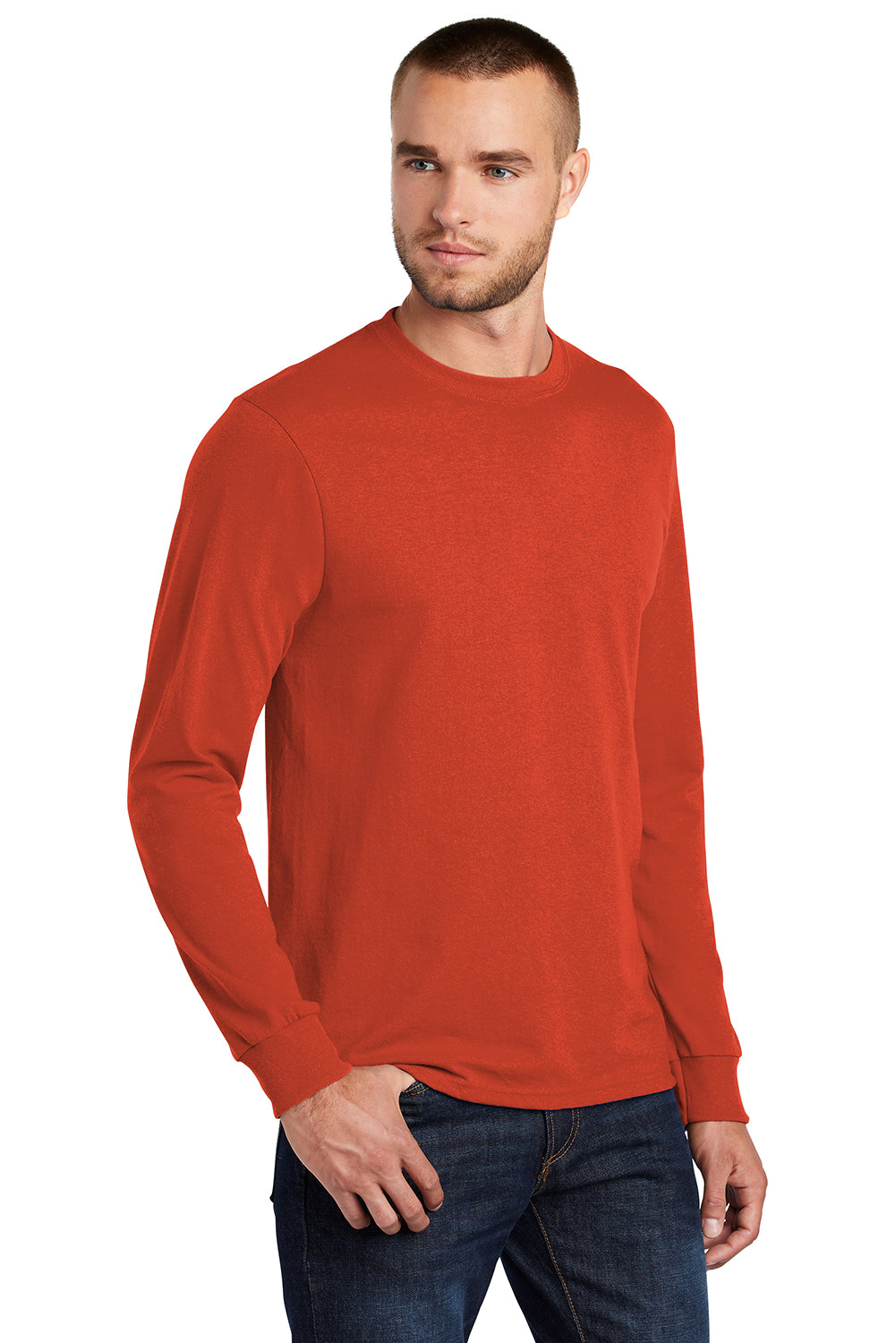 Port & Company PC55LS/PC55LST Mens Core Long Sleeve Crewneck T-Shirt Orange Model 3q