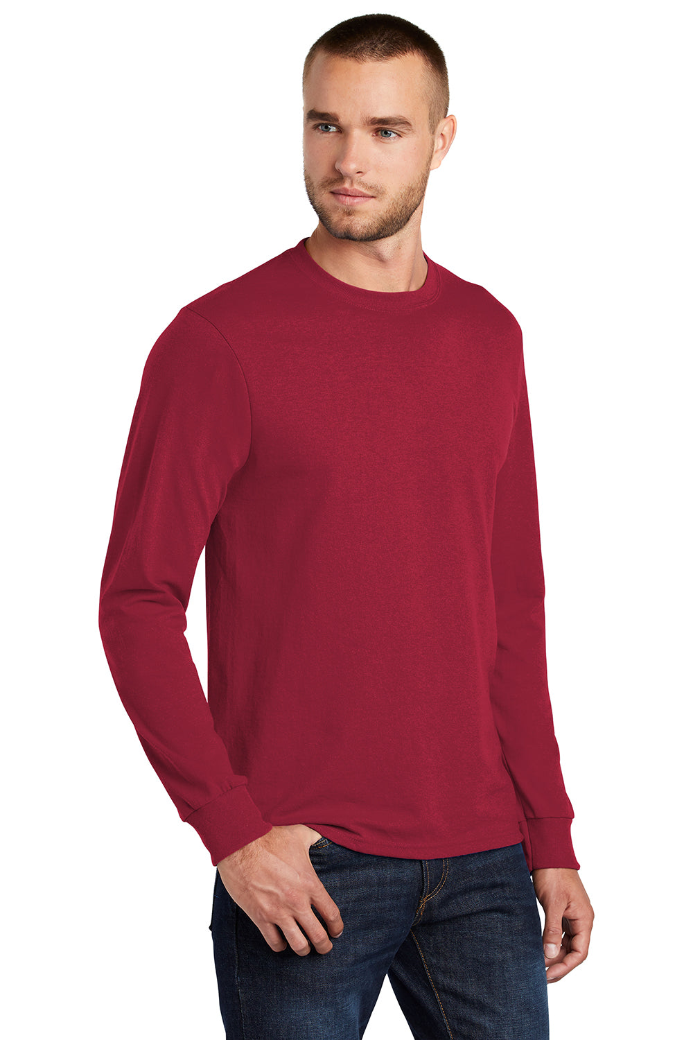 Port & Company PC55LS/PC55LST Mens Core Long Sleeve Crewneck T-Shirt Red Model 3q