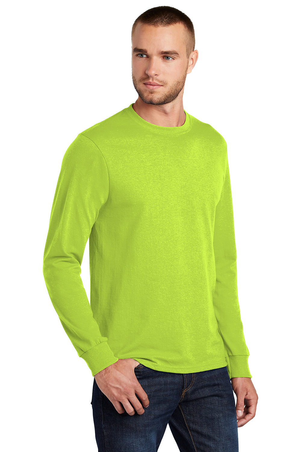 Port & Company PC55LS/PC55LST Mens Core Long Sleeve Crewneck T-Shirt Safety Green Model 3q