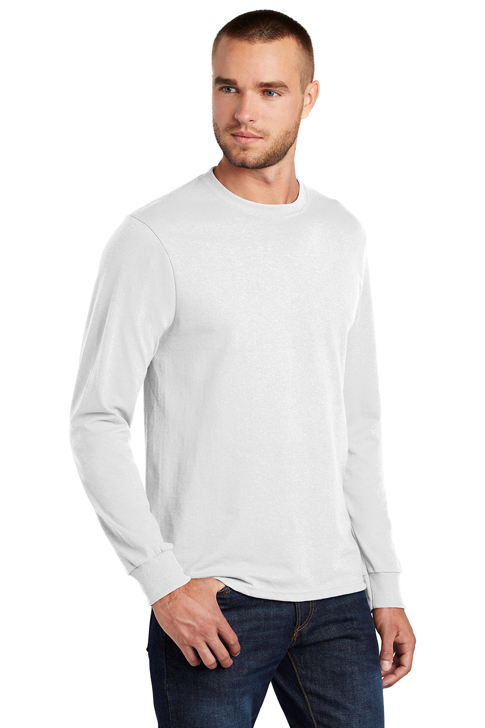 Port & Company PC55LS/PC55LST Mens Core Long Sleeve Crewneck T-Shirt White Model 3q