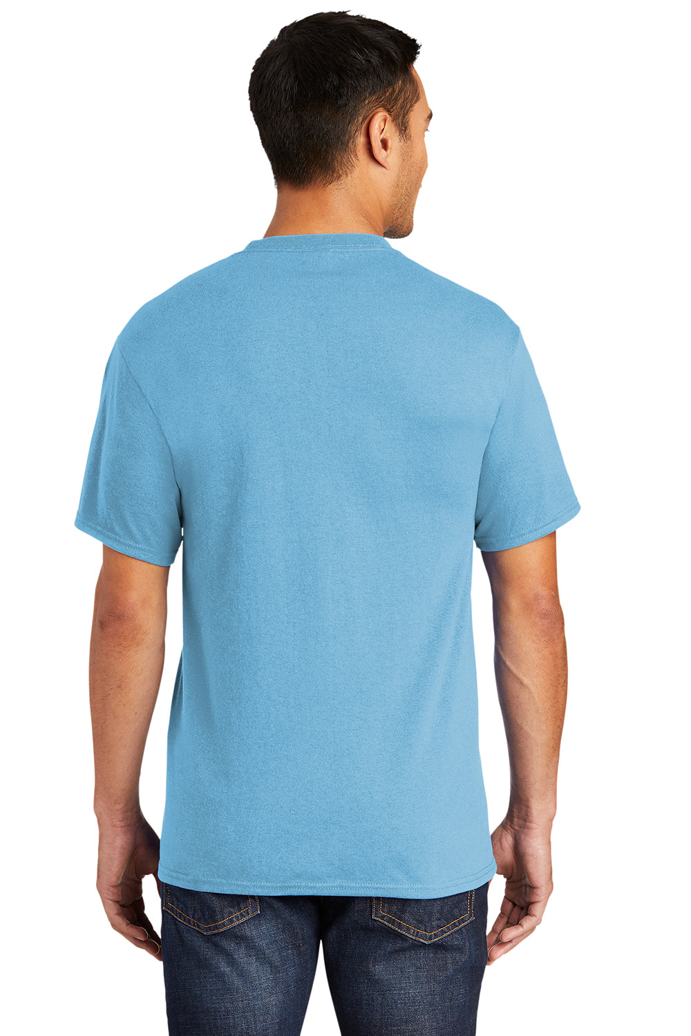 Port & Company PC55P/PC55PT Mens Core Short Sleeve Crewneck T-Shirt w/ Pocket Aquatic Blue Model Back