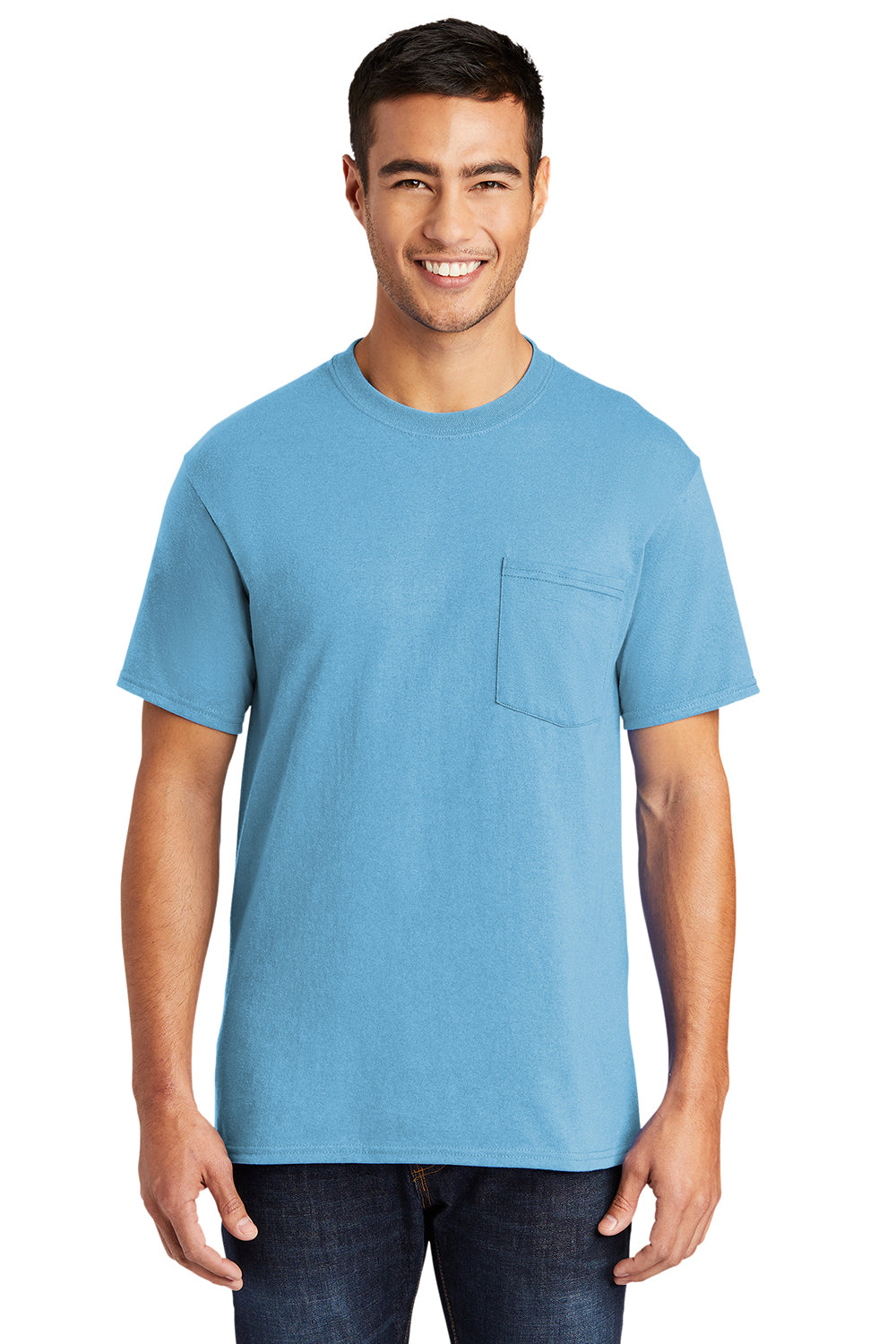 Port & Company PC55P/PC55PT Mens Core Short Sleeve Crewneck T-Shirt w/ Pocket Aquatic Blue Model Front