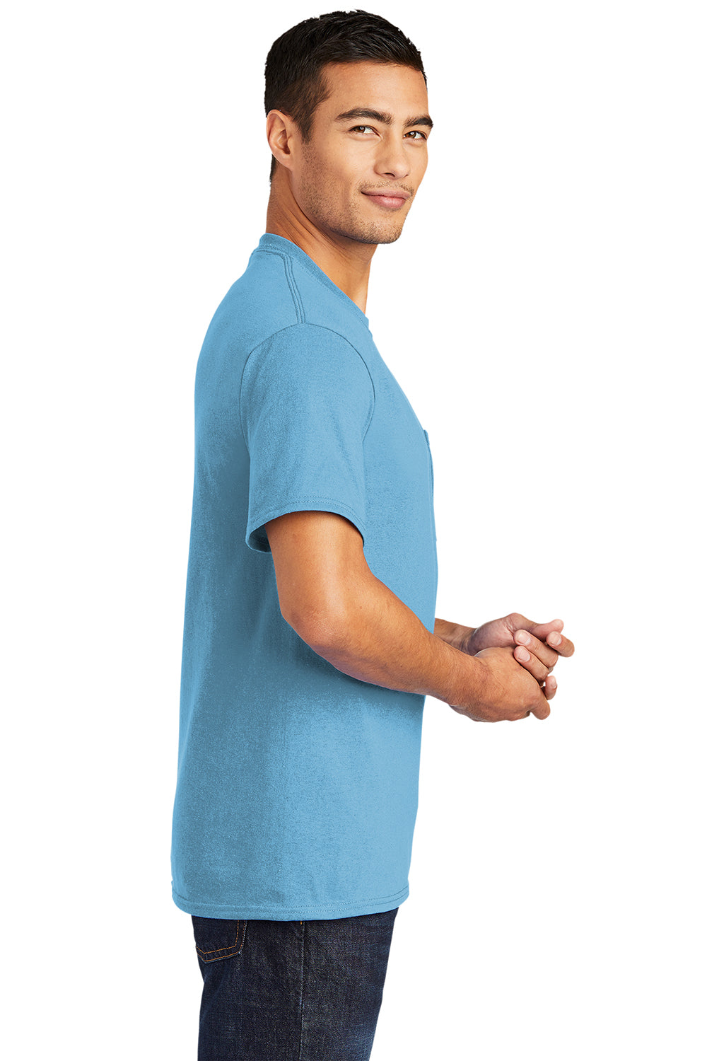 Port & Company PC55P/PC55PT Mens Core Short Sleeve Crewneck T-Shirt w/ Pocket Aquatic Blue Model Side