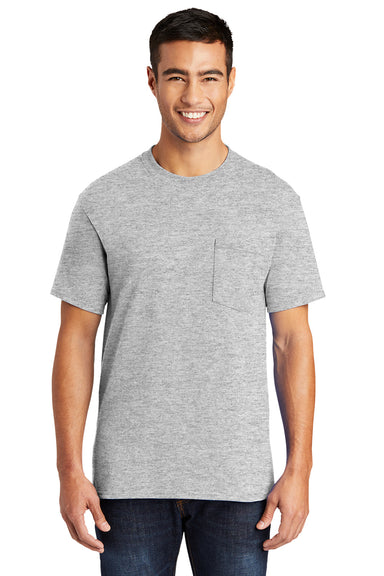 Port & Company PC55P/PC55PT Mens Core Short Sleeve Crewneck T-Shirt w/ Pocket Ash Grey Model Front