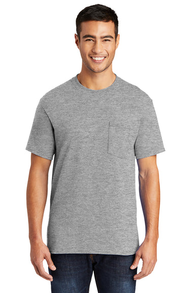 Port & Company PC55P/PC55PT Mens Core Short Sleeve Crewneck T-Shirt w/ Pocket Heather Grey Model Front