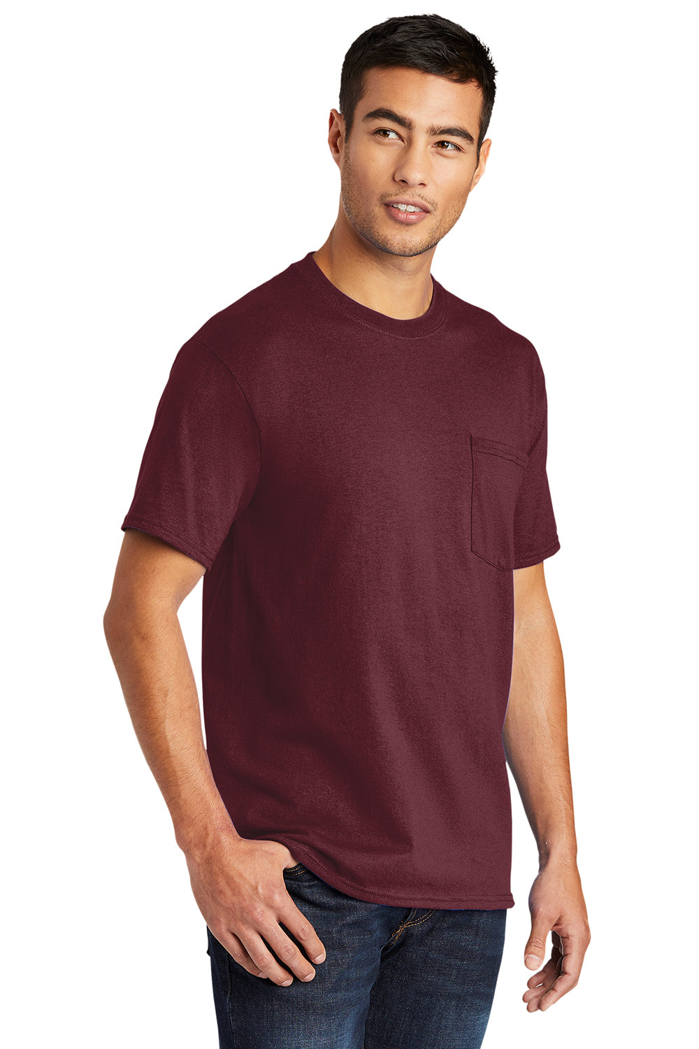 Port & Company PC55P/PC55PT Mens Core Short Sleeve Crewneck T-Shirt w/ Pocket Athletic Maroon Model 3q