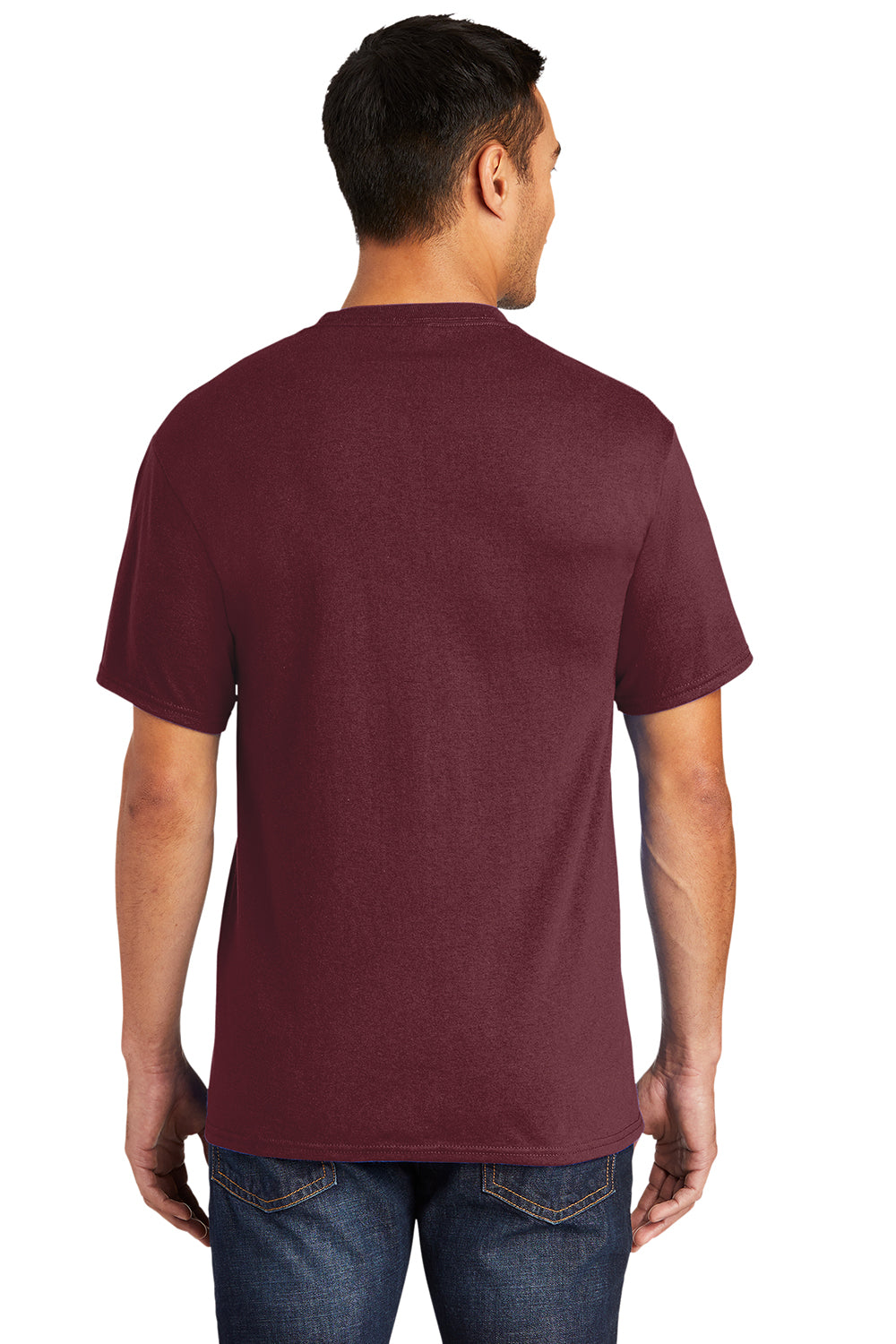 Port & Company PC55P/PC55PT Mens Core Short Sleeve Crewneck T-Shirt w/ Pocket Athletic Maroon Model Back